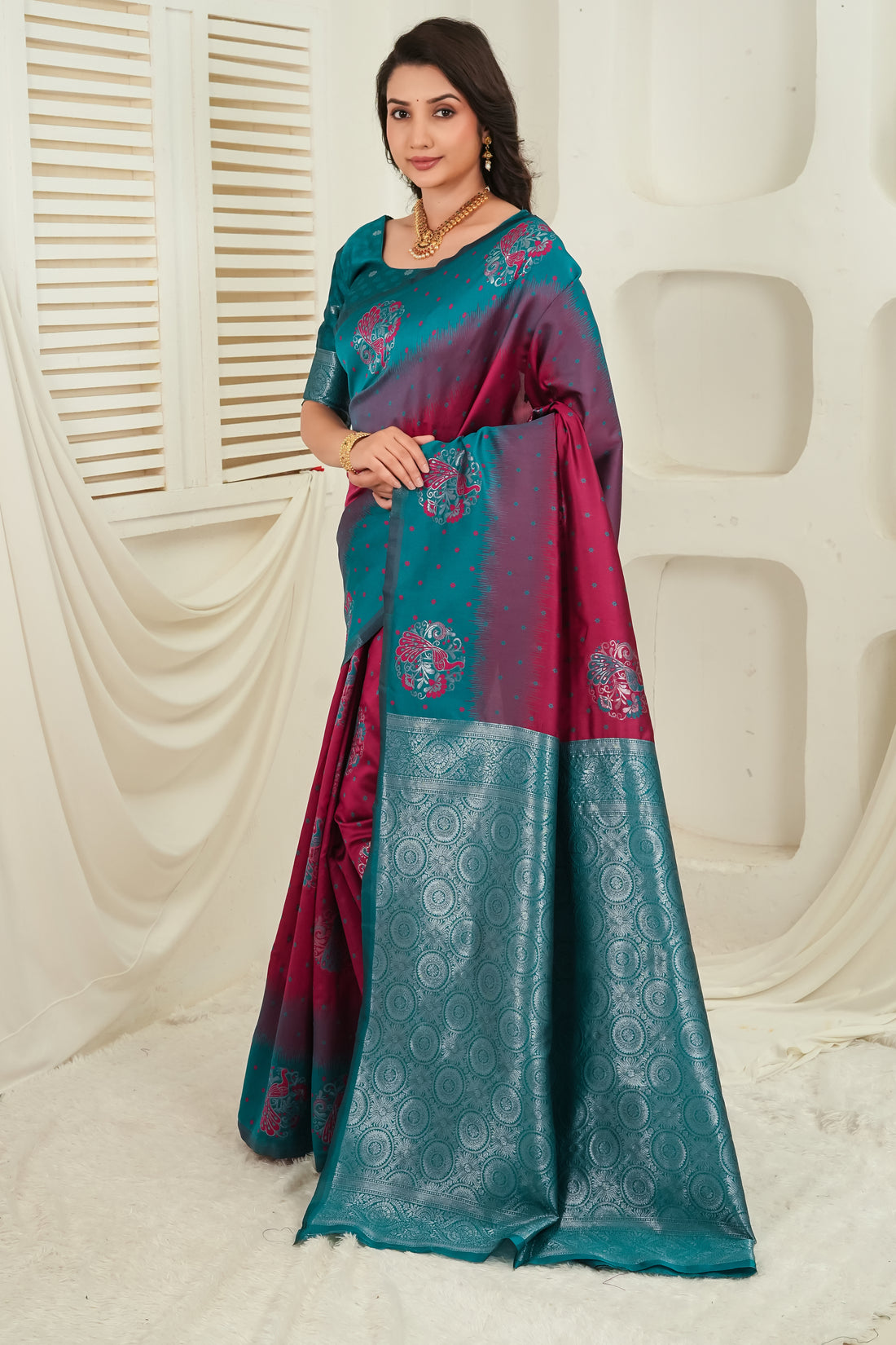 Teal Green & Wine Jacquard Silk Saree