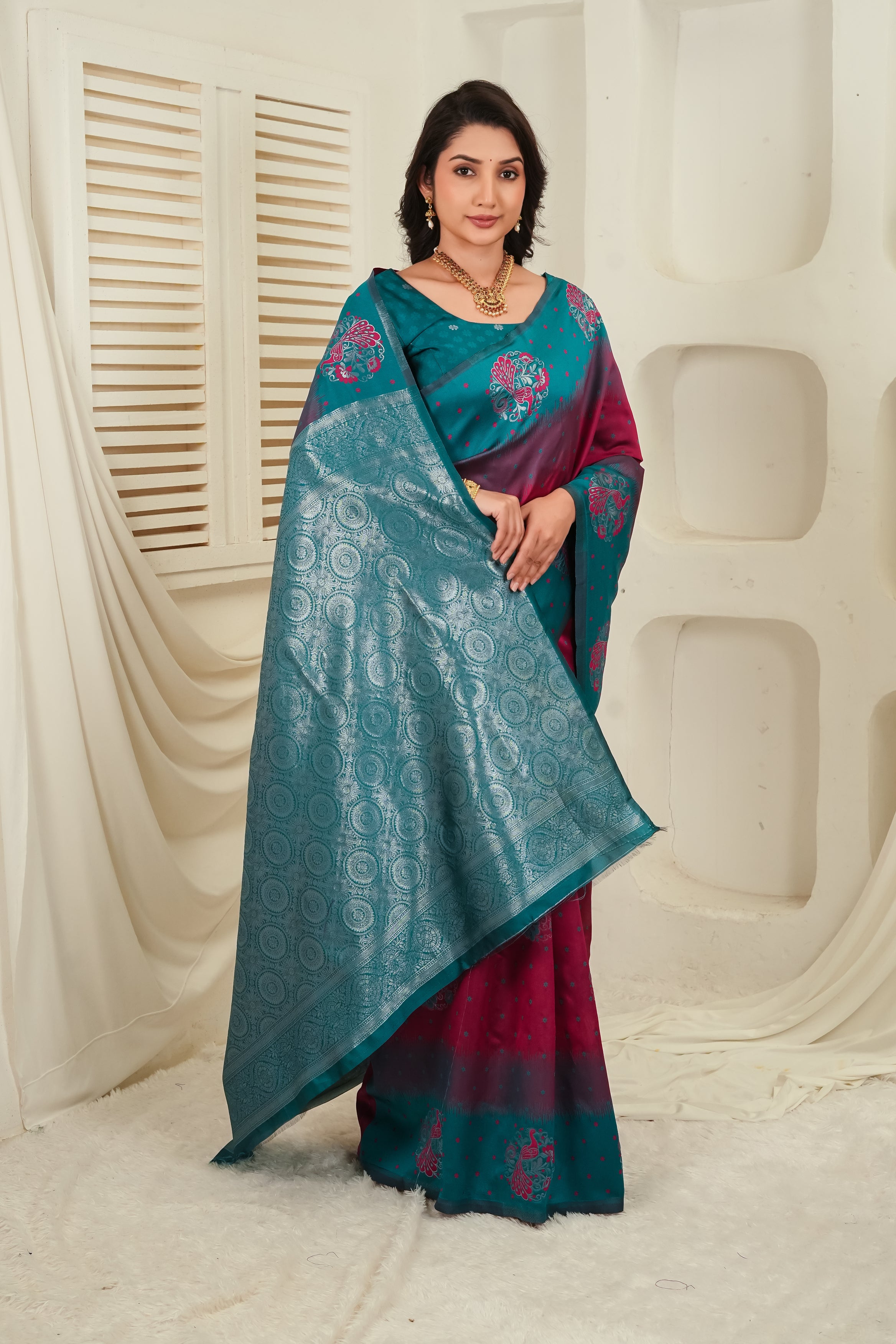 Teal Green & Wine Jacquard Silk Saree
