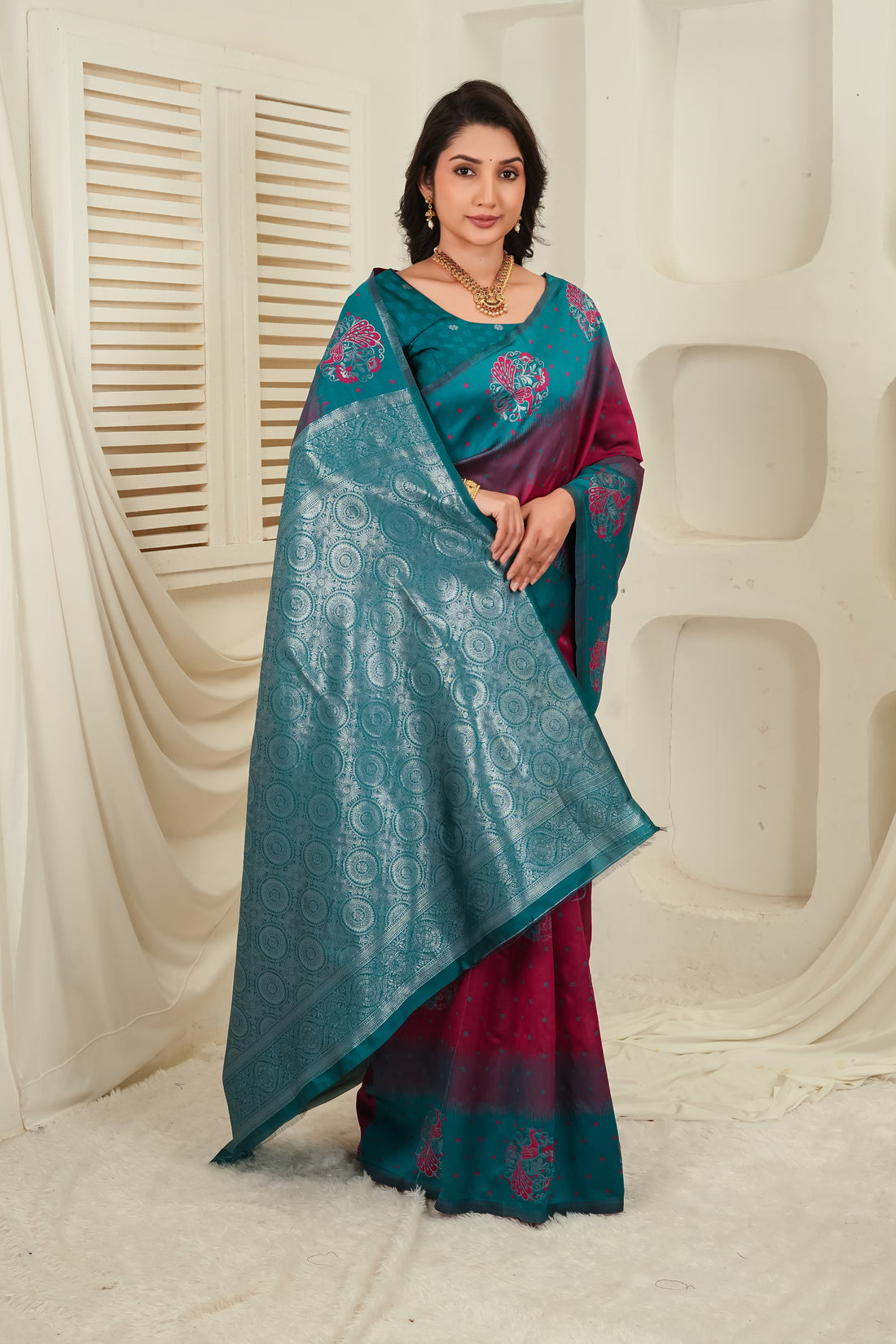 Teal Green & Wine Jacquard Silk Saree