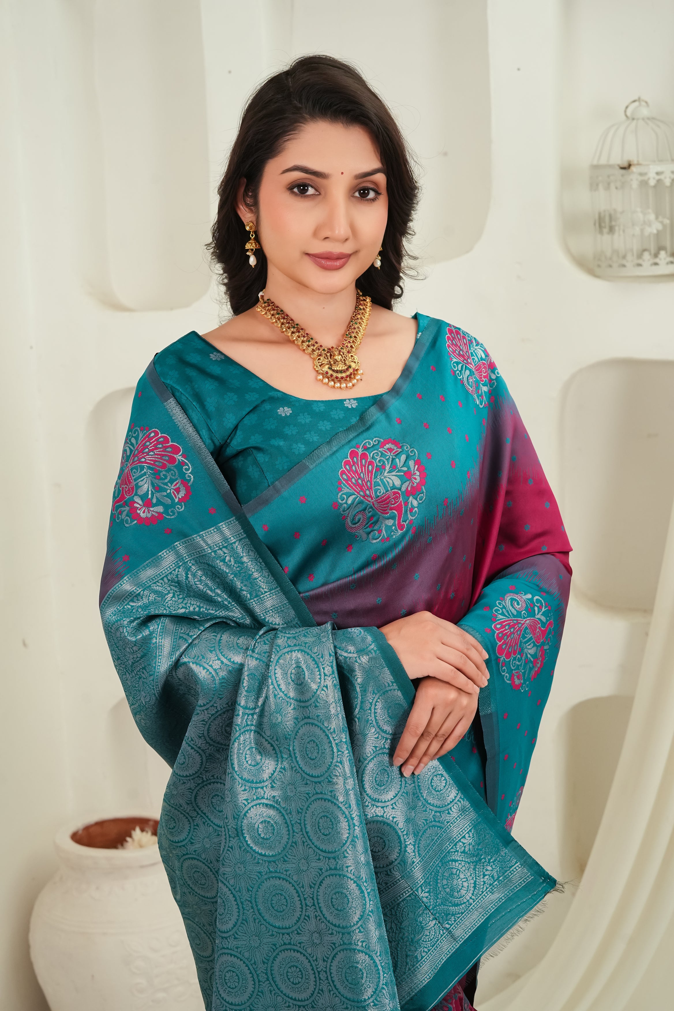 Teal Green & Wine Jacquard Silk Saree