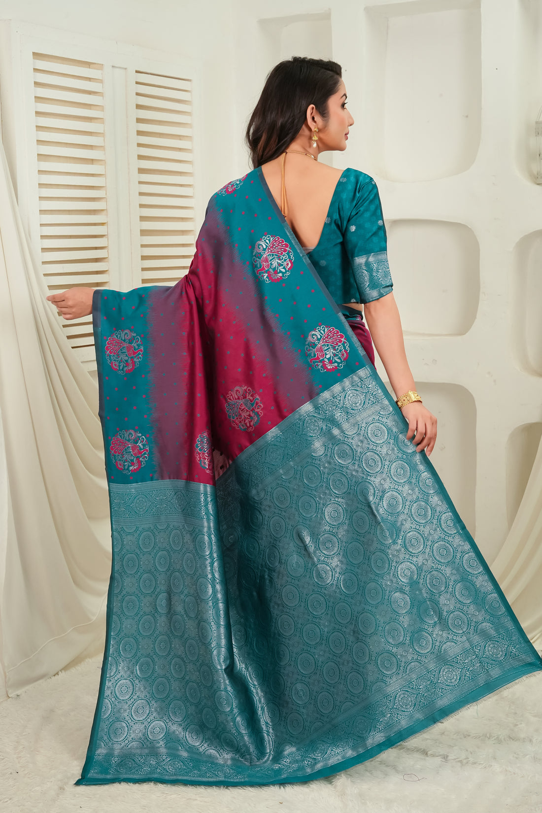 Teal Green & Wine Jacquard Silk Saree