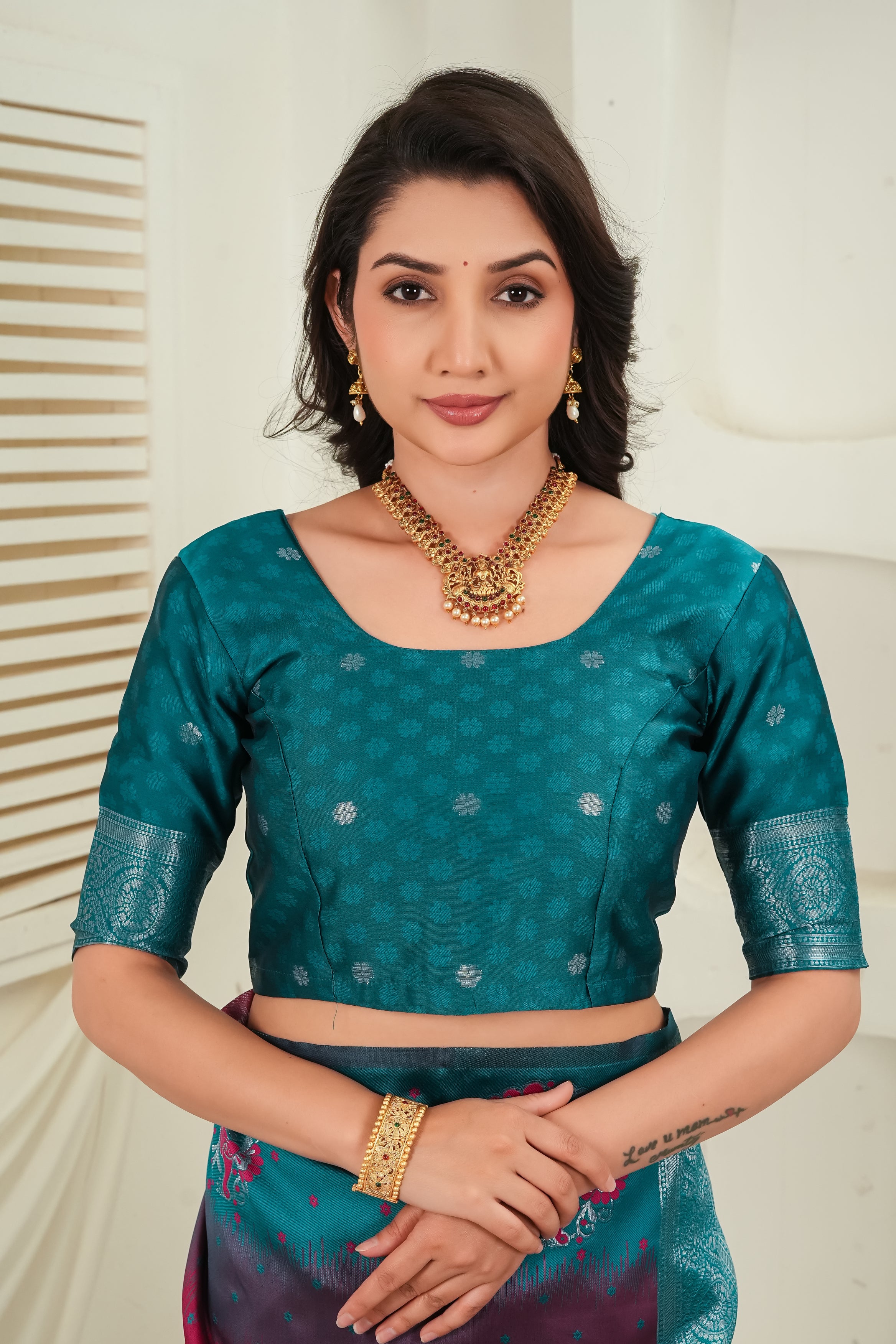 Teal Green & Wine Jacquard Silk Saree