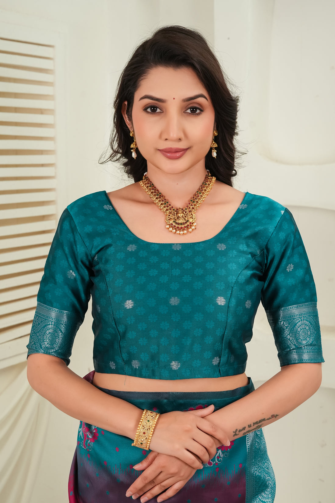 Teal Green & Wine Jacquard Silk Saree