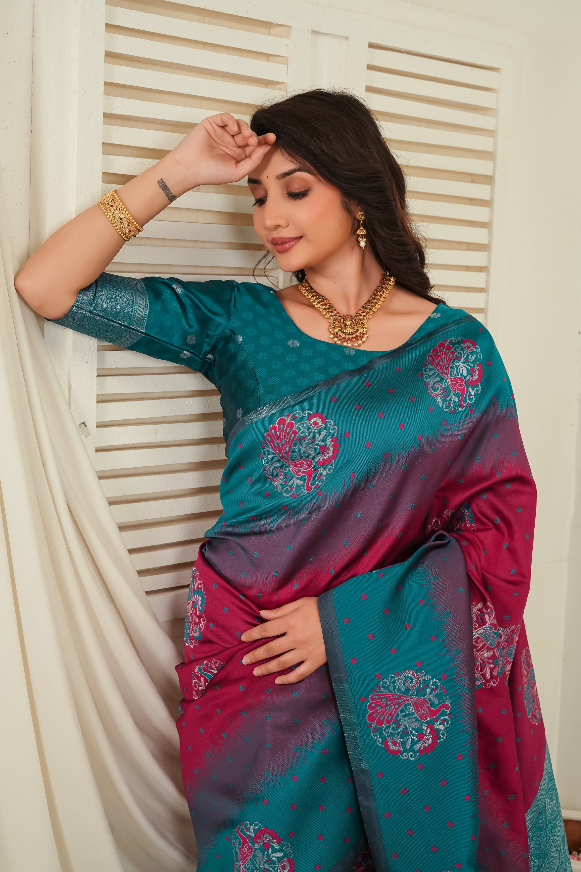 Teal Green & Wine Jacquard Silk Saree