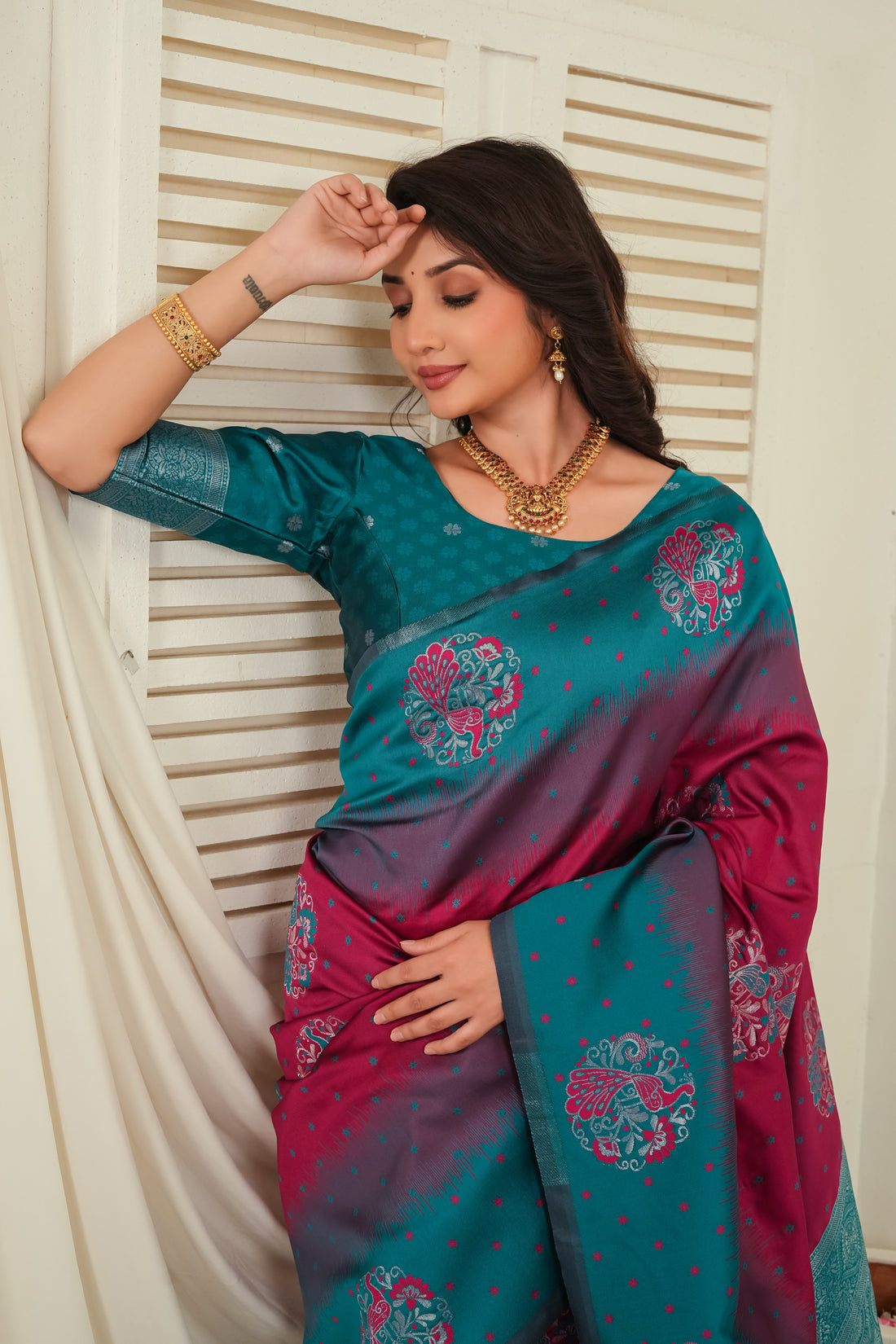 Teal Green & Wine Jacquard Silk Saree