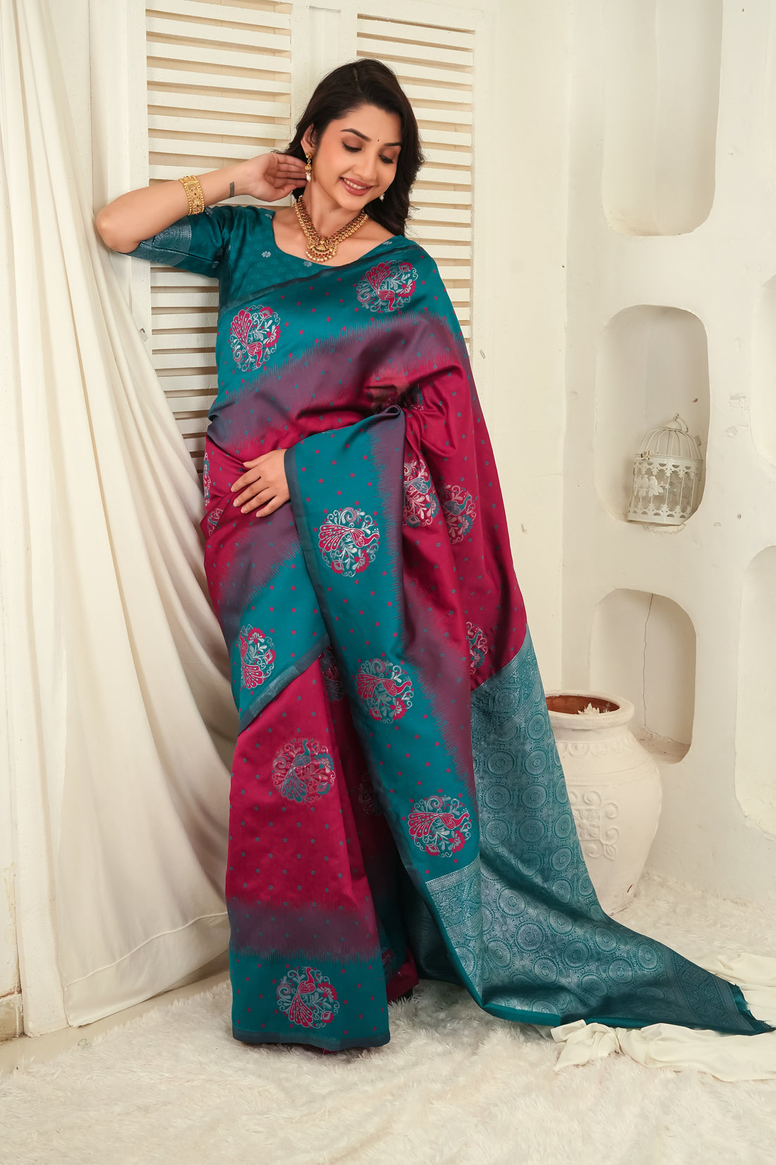 Teal Green & Wine Jacquard Silk Saree