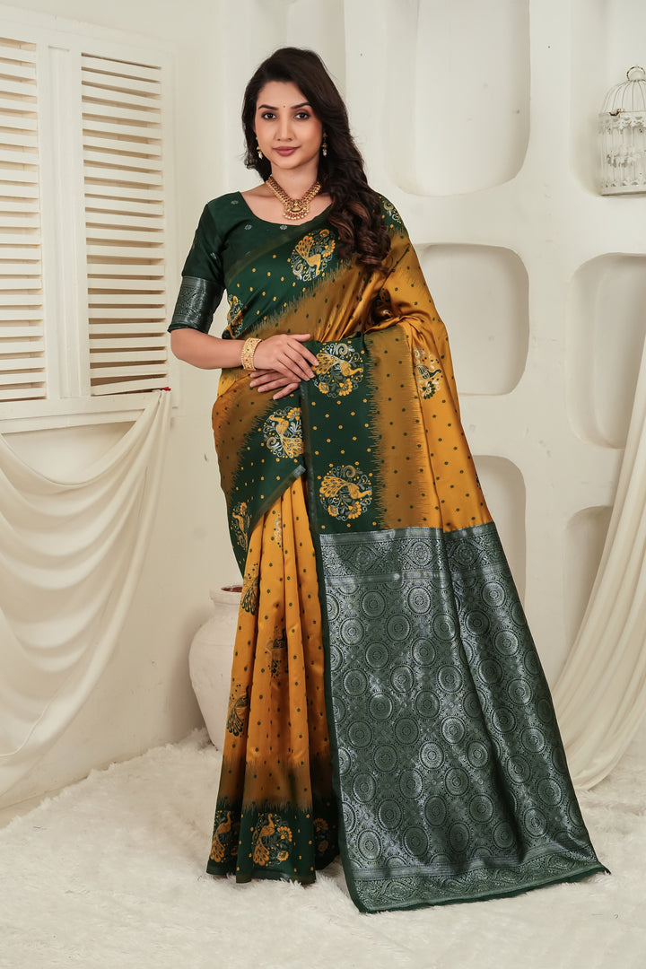 Green and Mustard Gold Jacquard Silk Saree
