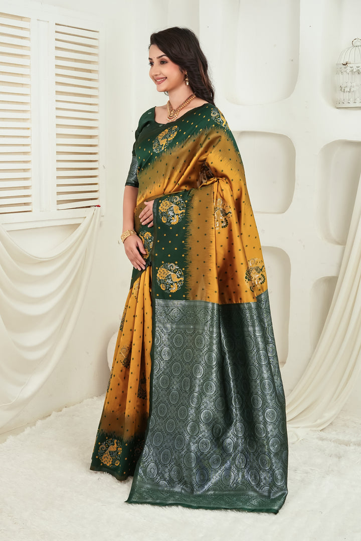 Green and Mustard Gold Jacquard Silk Saree
