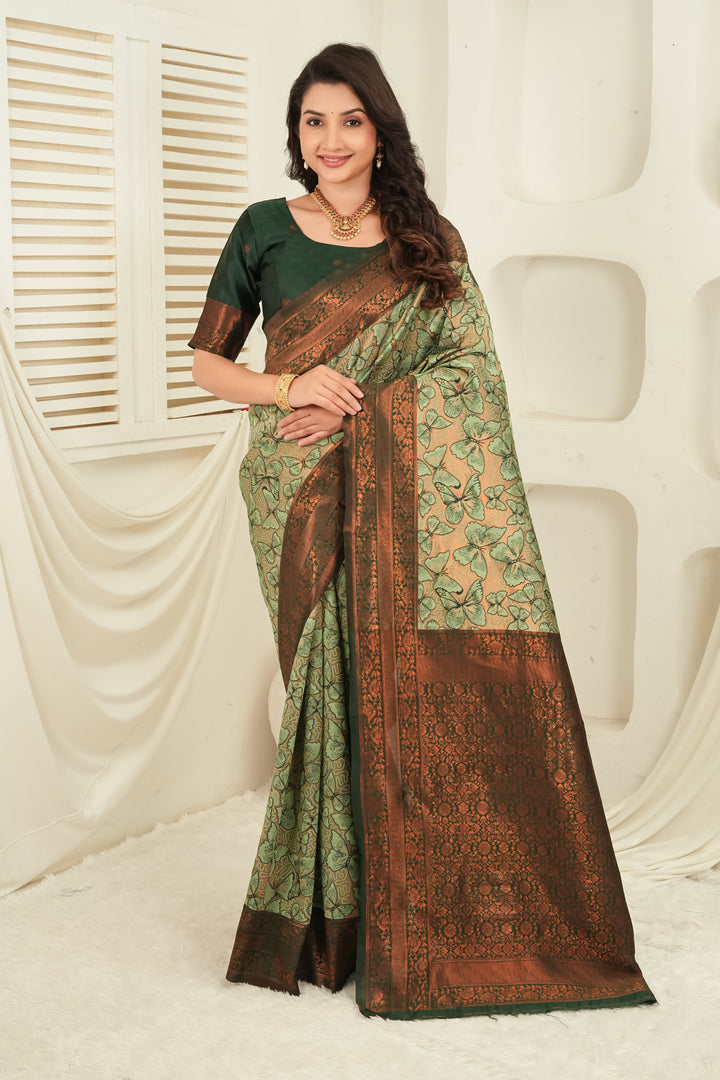 Bottle Green & Antique Gold Butterfly motif Jacquard Silk Saree