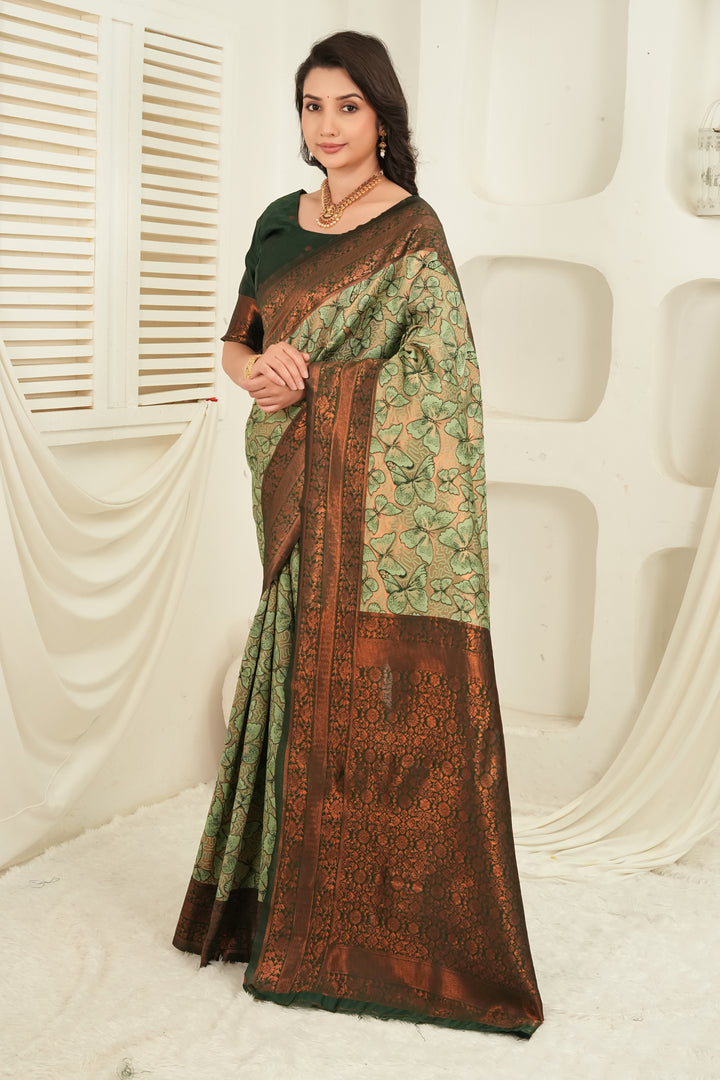 Bottle Green & Antique Gold Butterfly motif Jacquard Silk Saree