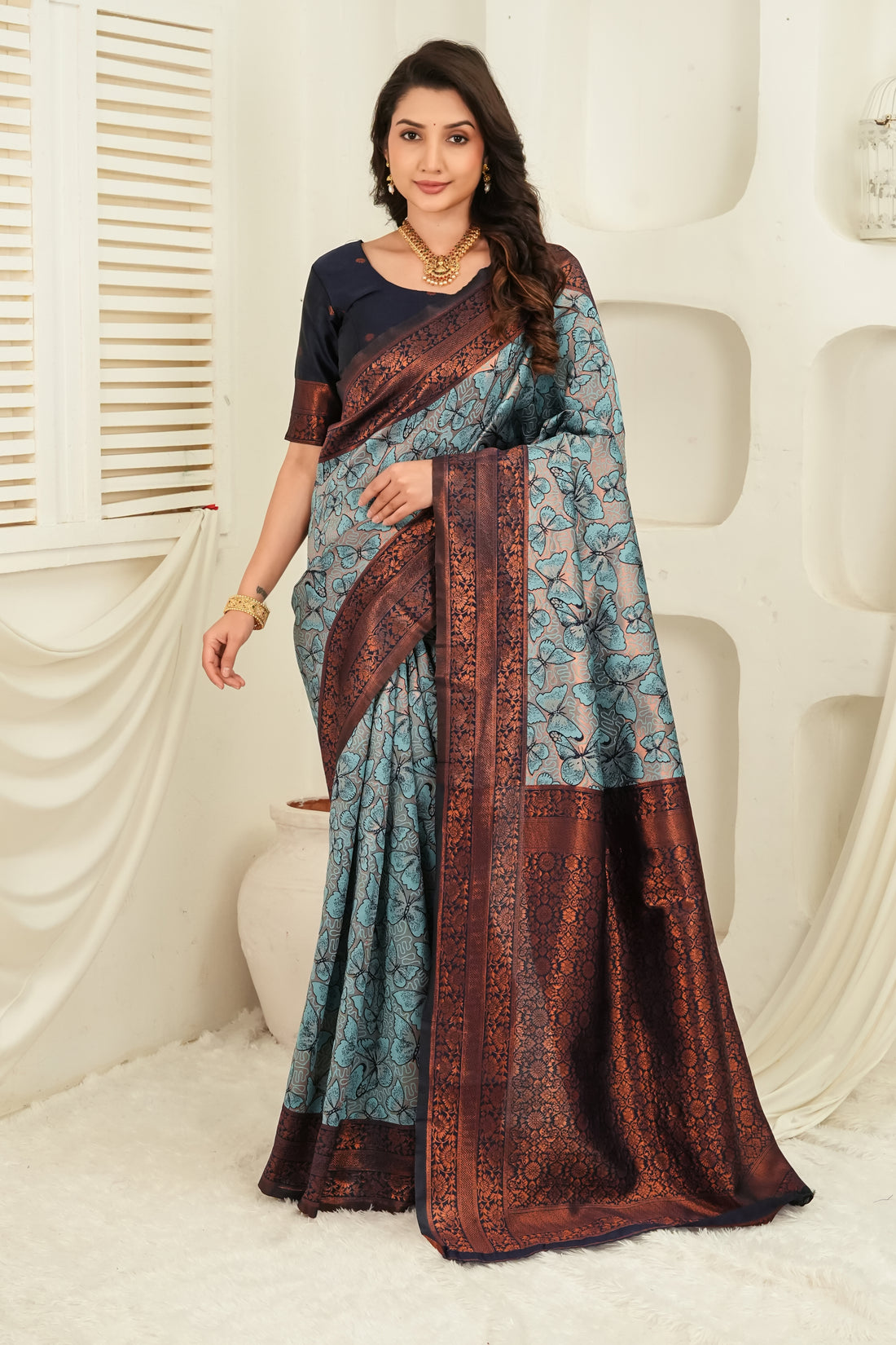 Navy Blue & Teal Butterfly motif Jacquard Silk Saree