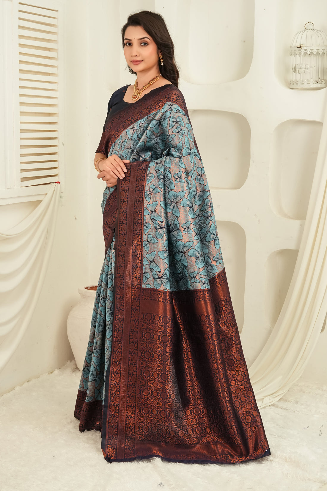 Navy Blue & Teal Butterfly motif Jacquard Silk Saree