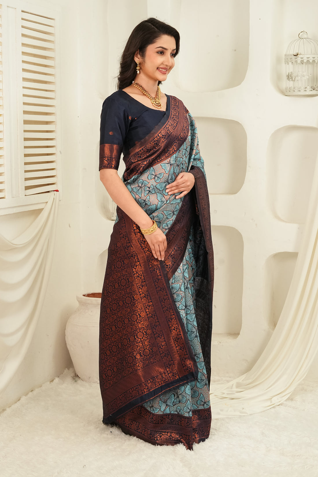 Navy Blue & Teal Butterfly motif Jacquard Silk Saree