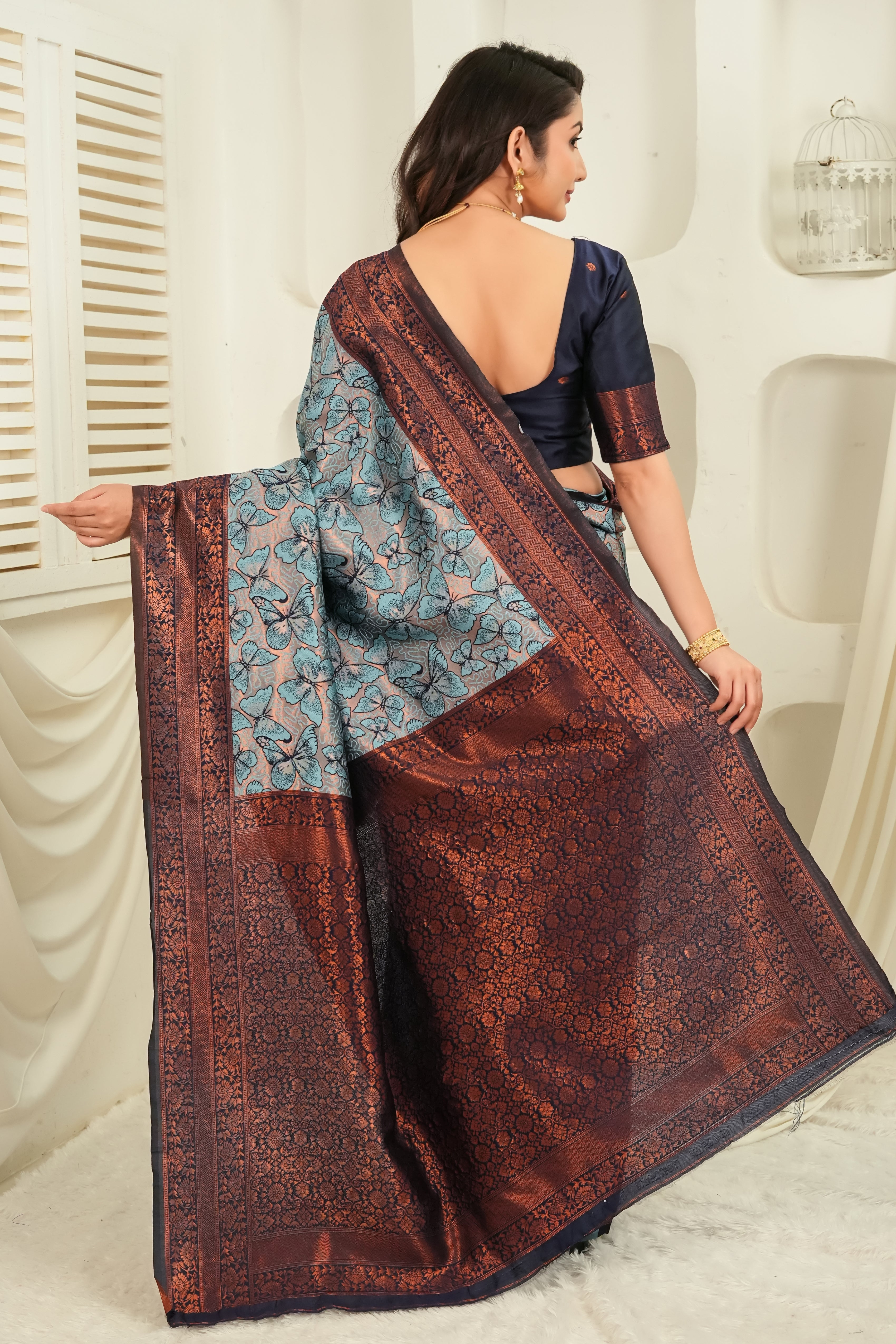 Navy Blue & Teal Butterfly motif Jacquard Silk Saree