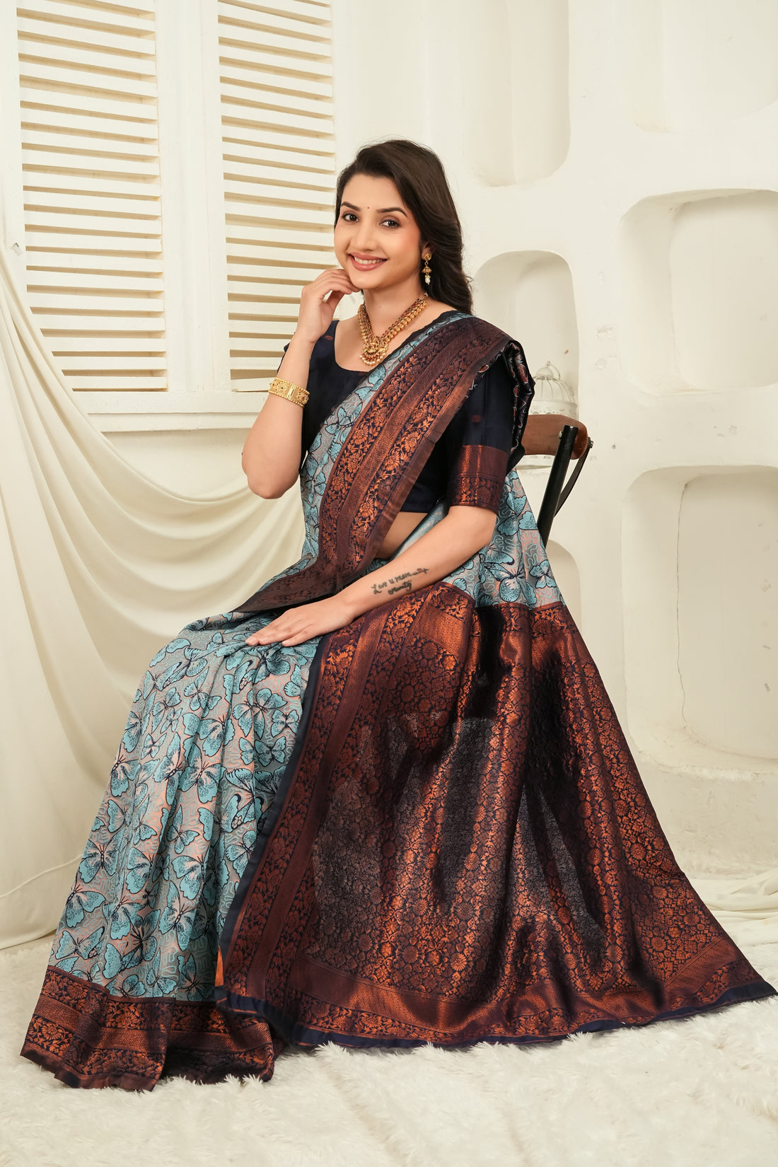 Navy Blue & Teal Butterfly motif Jacquard Silk Saree