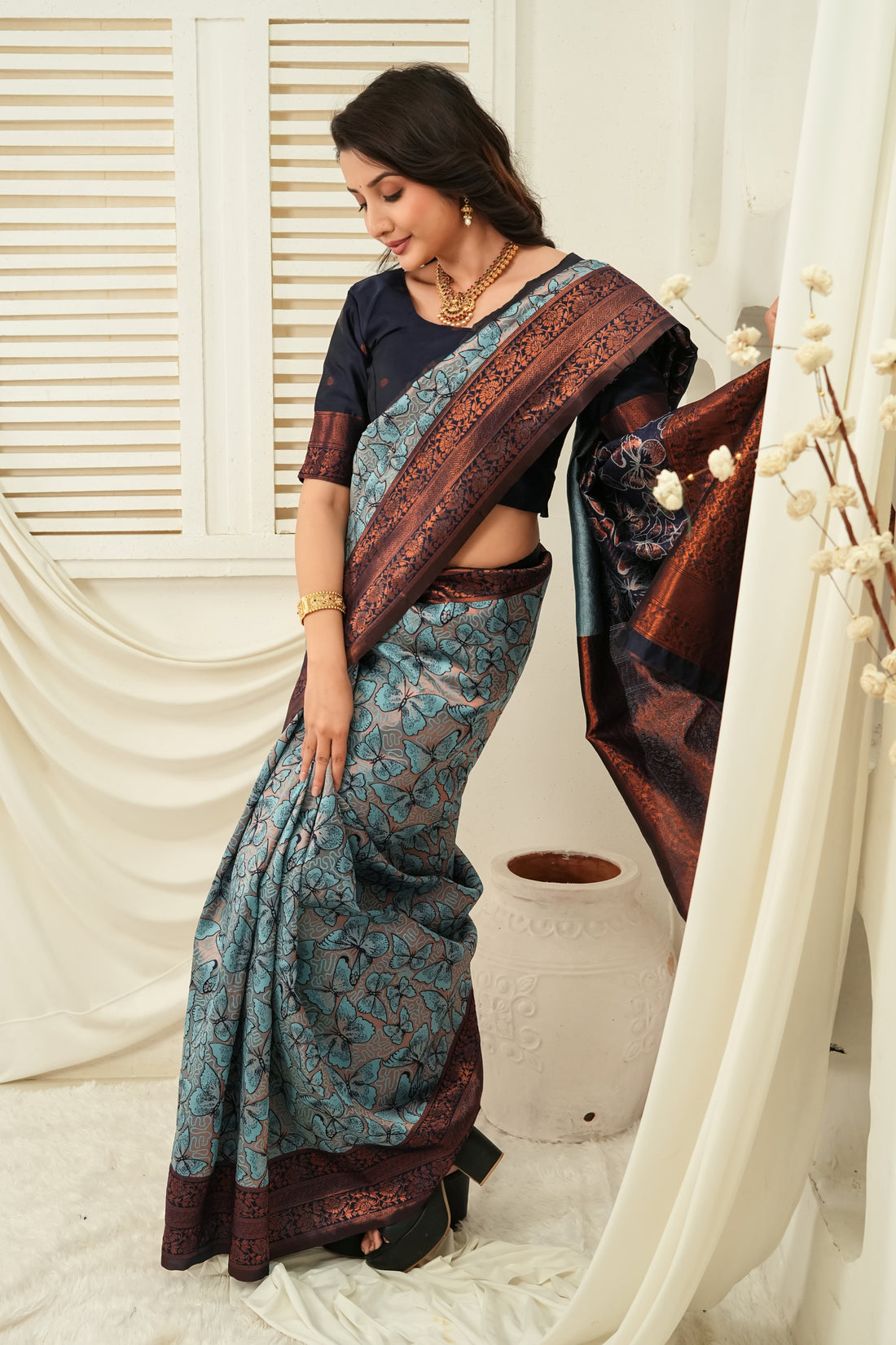Navy Blue & Teal Butterfly motif Jacquard Silk Saree