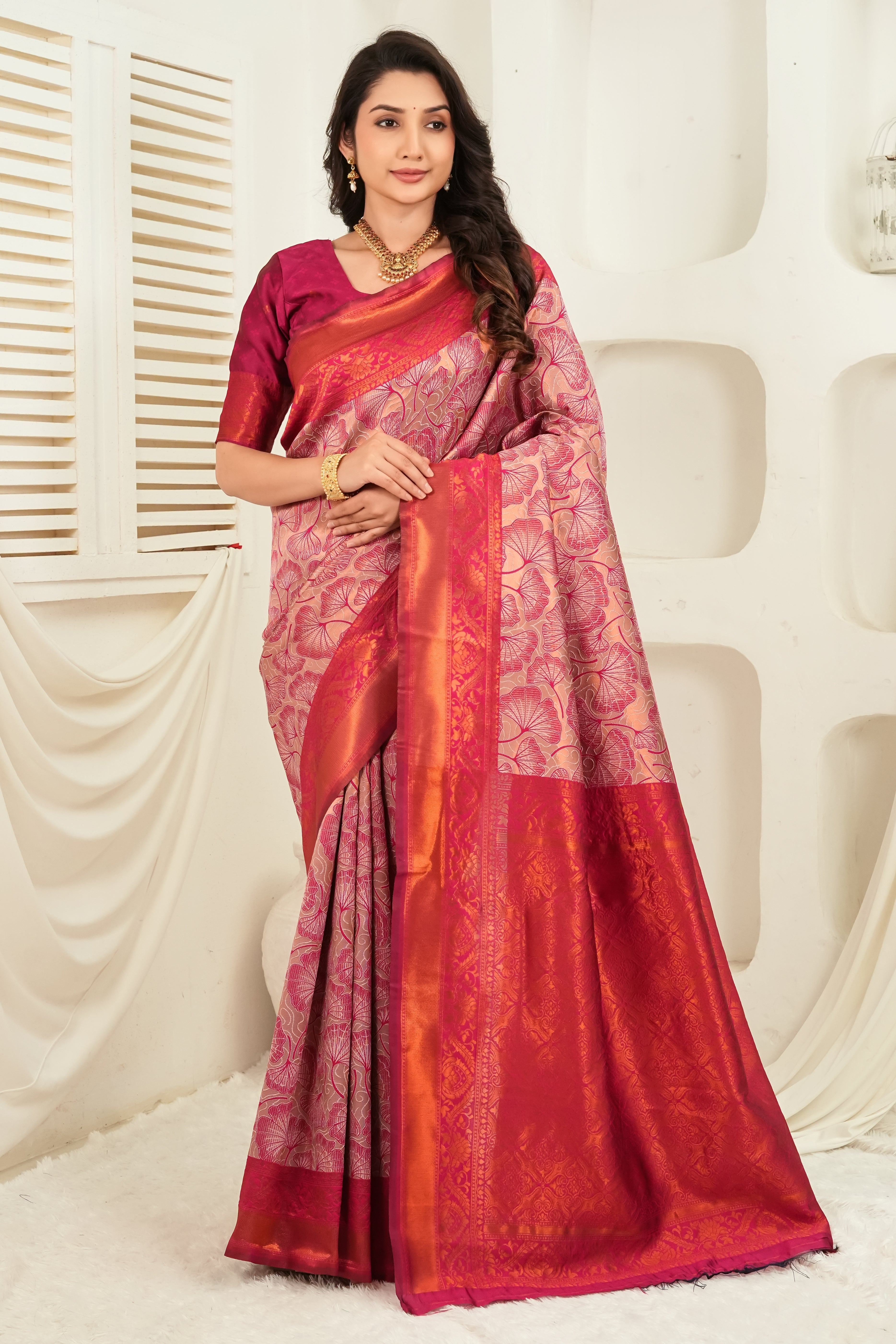 Rani Pink & Antique Gold Jacquard Floral Motifs Silk Saree