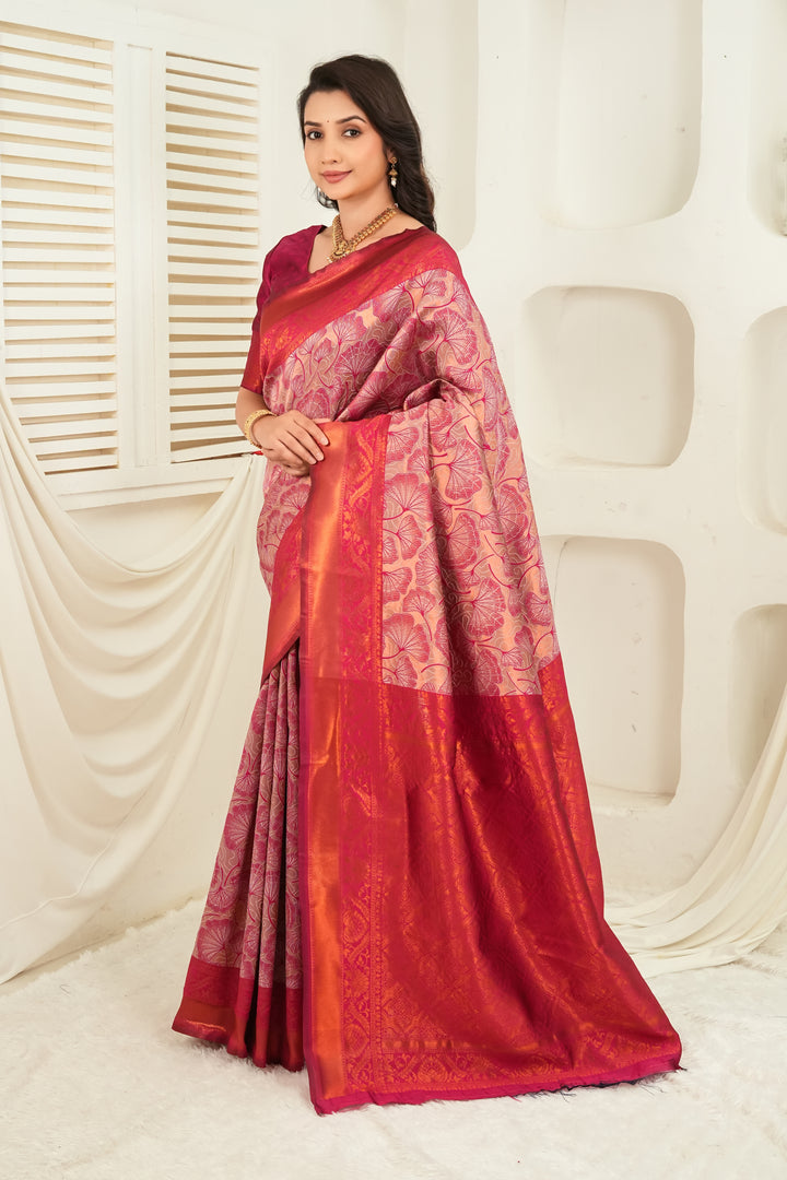 Rani Pink & Antique Gold Jacquard Floral Motifs Silk Saree