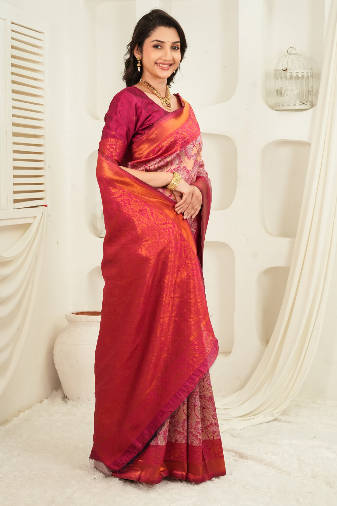 Rani Pink & Antique Gold Jacquard Floral Motifs Silk Saree