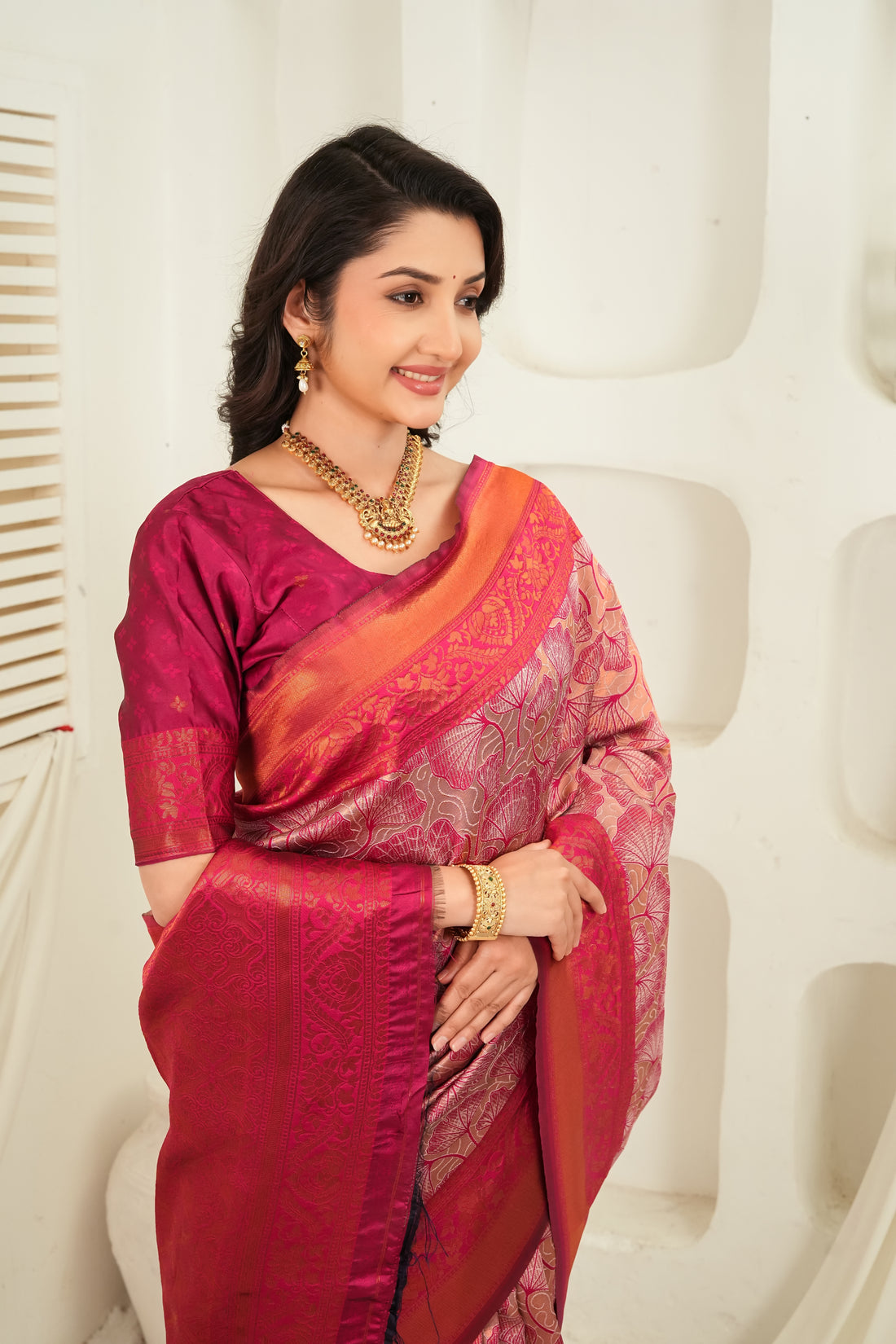 Rani Pink & Antique Gold Jacquard Floral Motifs Silk Saree