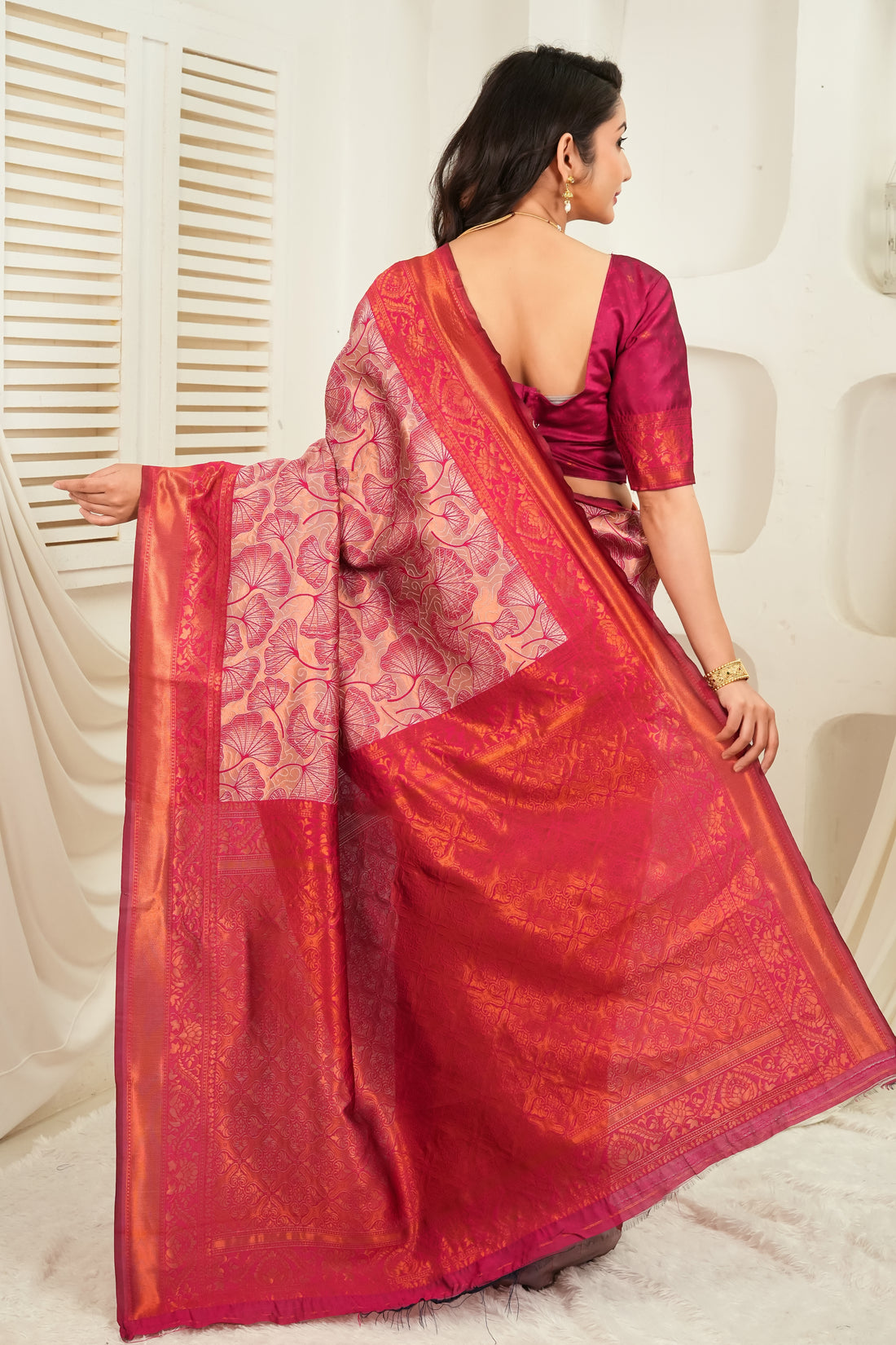 Rani Pink & Antique Gold Jacquard Floral Motifs Silk Saree