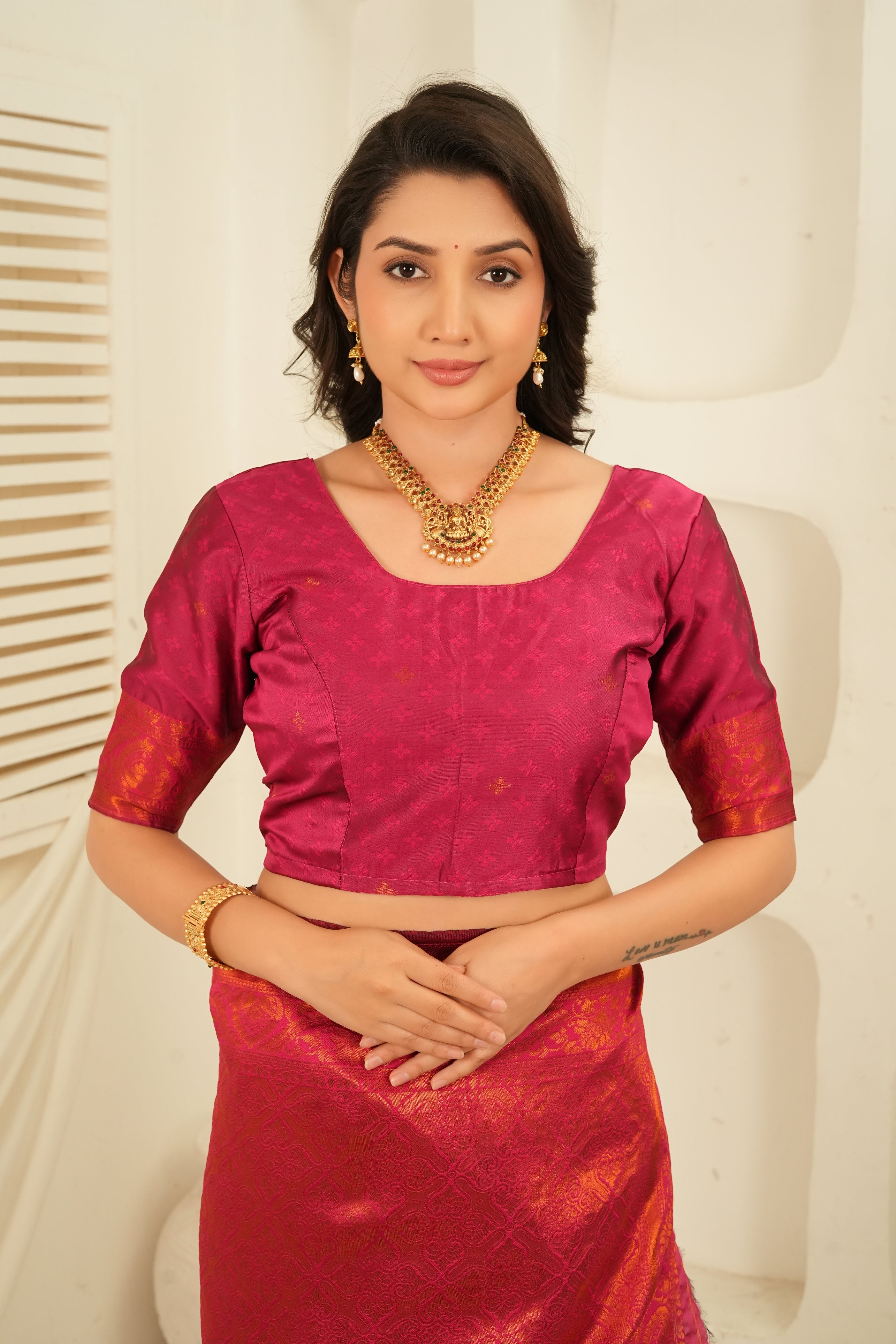 Rani Pink & Antique Gold Jacquard Floral Motifs Silk Saree