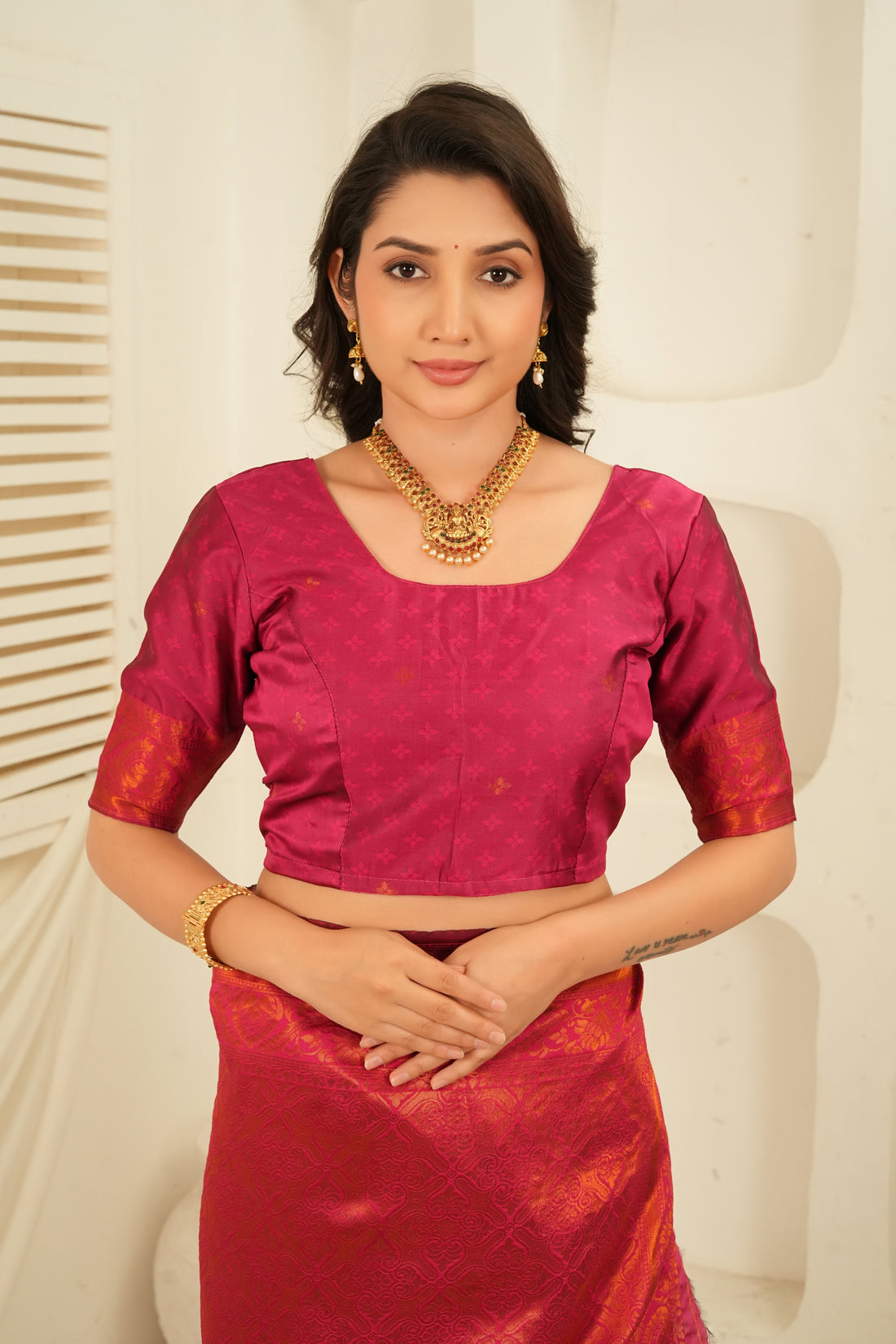 Rani Pink & Antique Gold Jacquard Floral Motifs Silk Saree