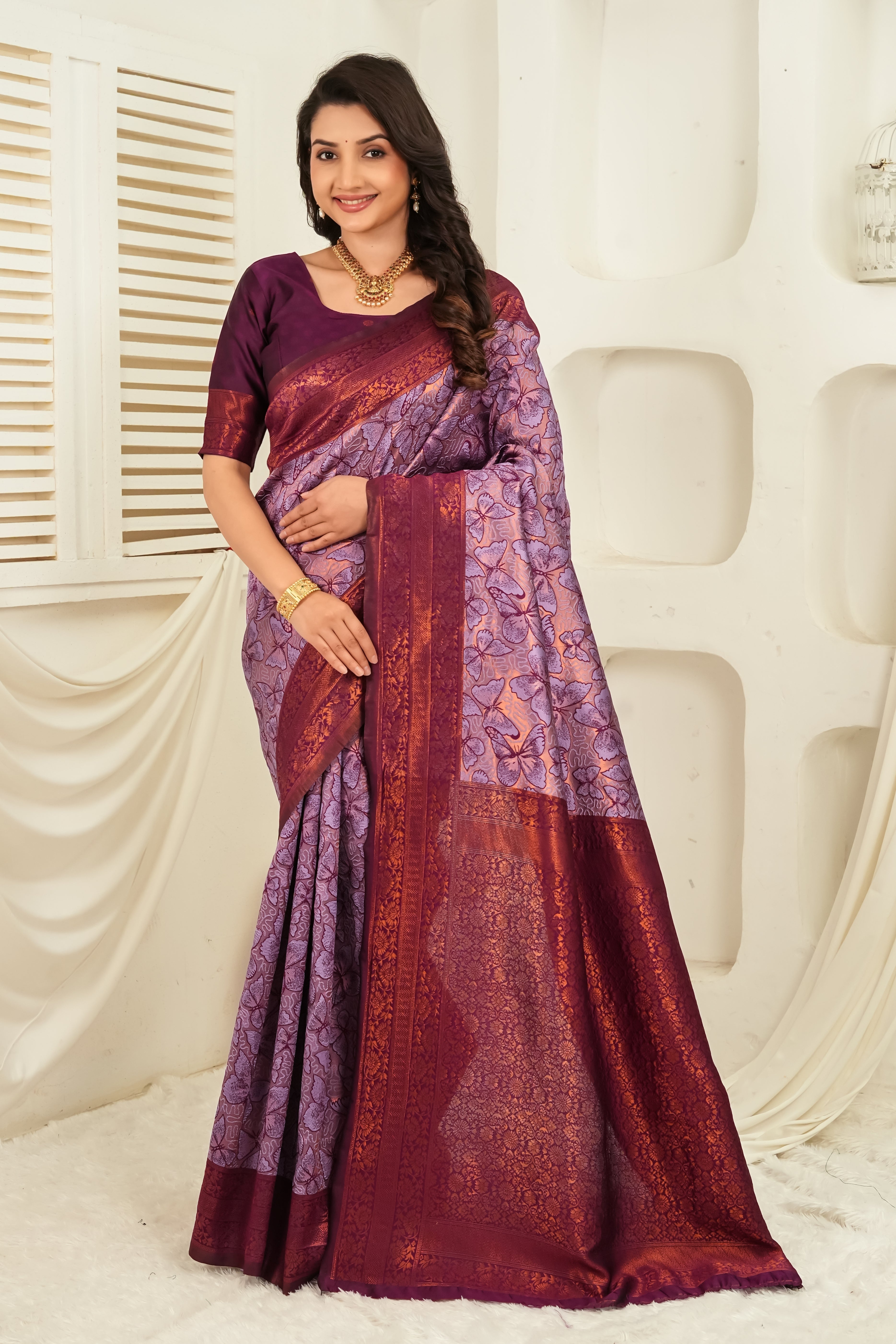 Lavender Plum Jacquard Butterfly motif Silk Saree