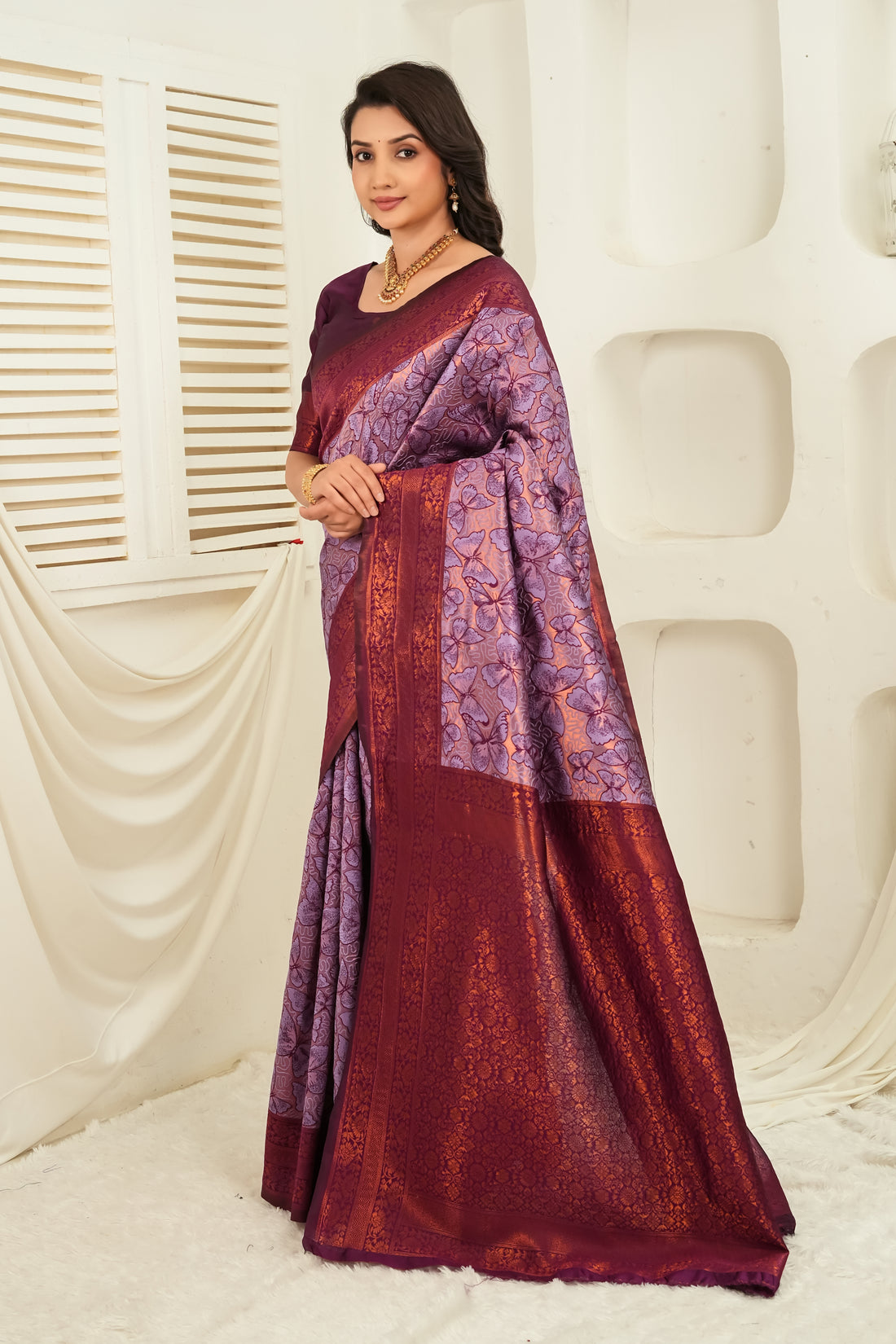 Lavender Plum Jacquard Butterfly motif Silk Saree