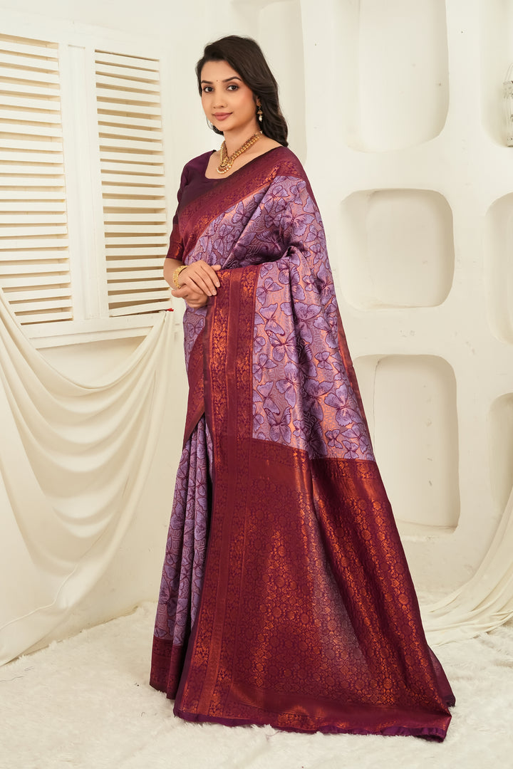 Lavender Plum Jacquard Butterfly motif Silk Saree