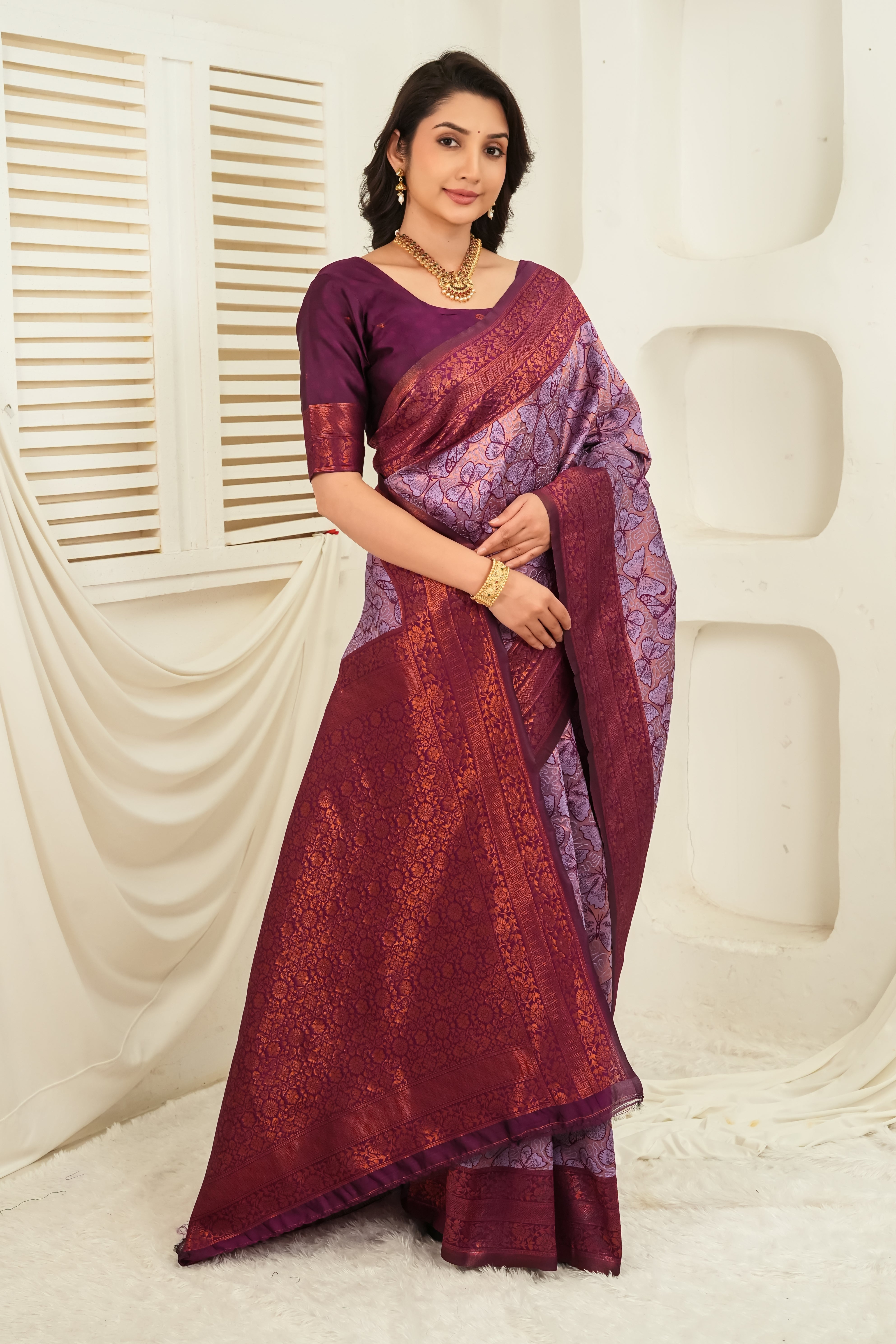 Lavender Plum Jacquard Butterfly motif Silk Saree