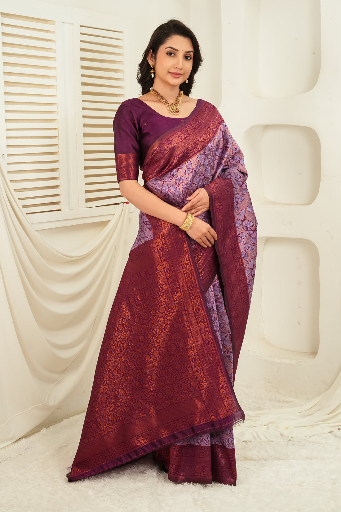 Lavender Plum Jacquard Butterfly motif Silk Saree
