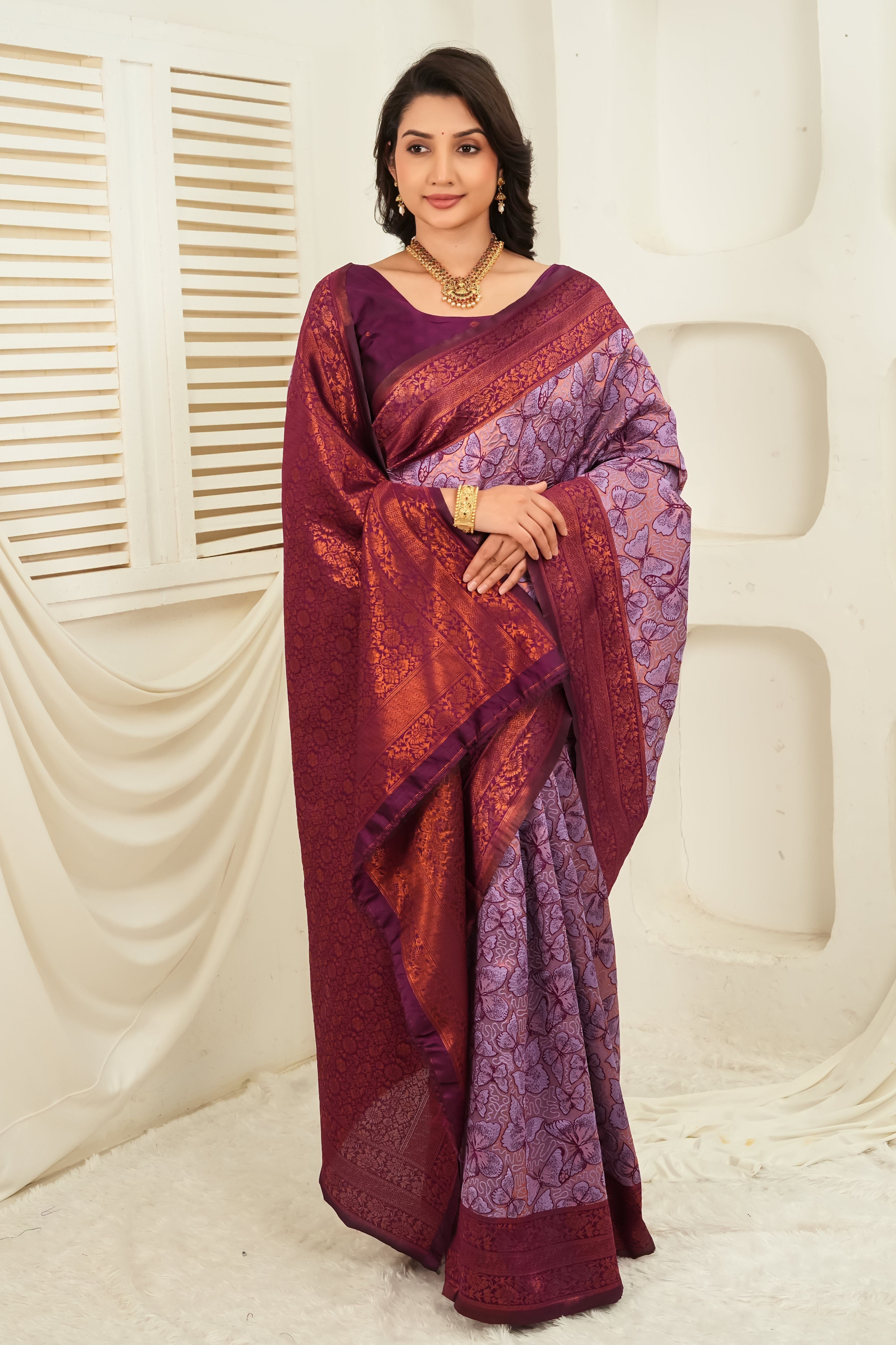 Lavender Plum Jacquard Butterfly motif Silk Saree