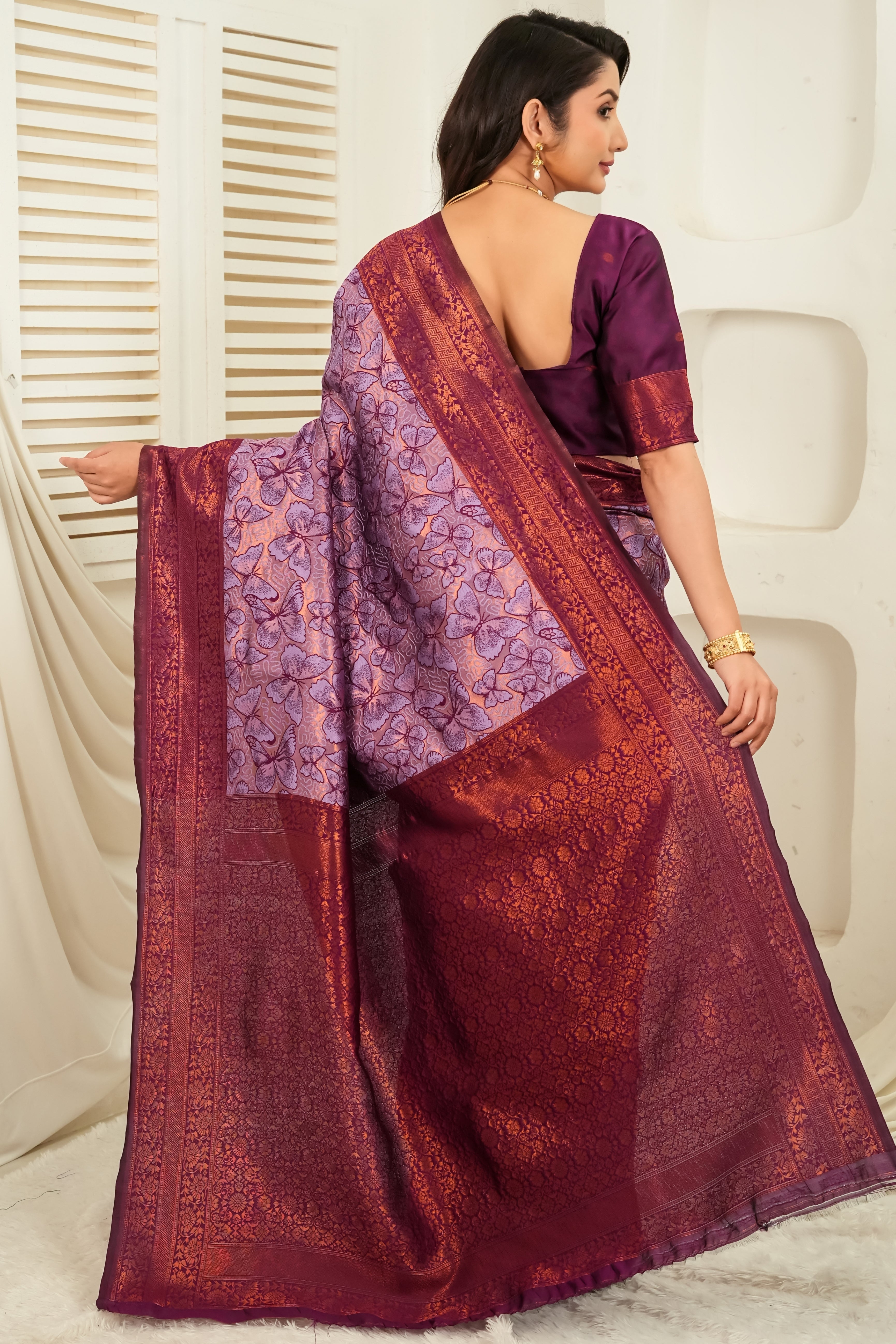 Lavender Plum Jacquard Butterfly motif Silk Saree