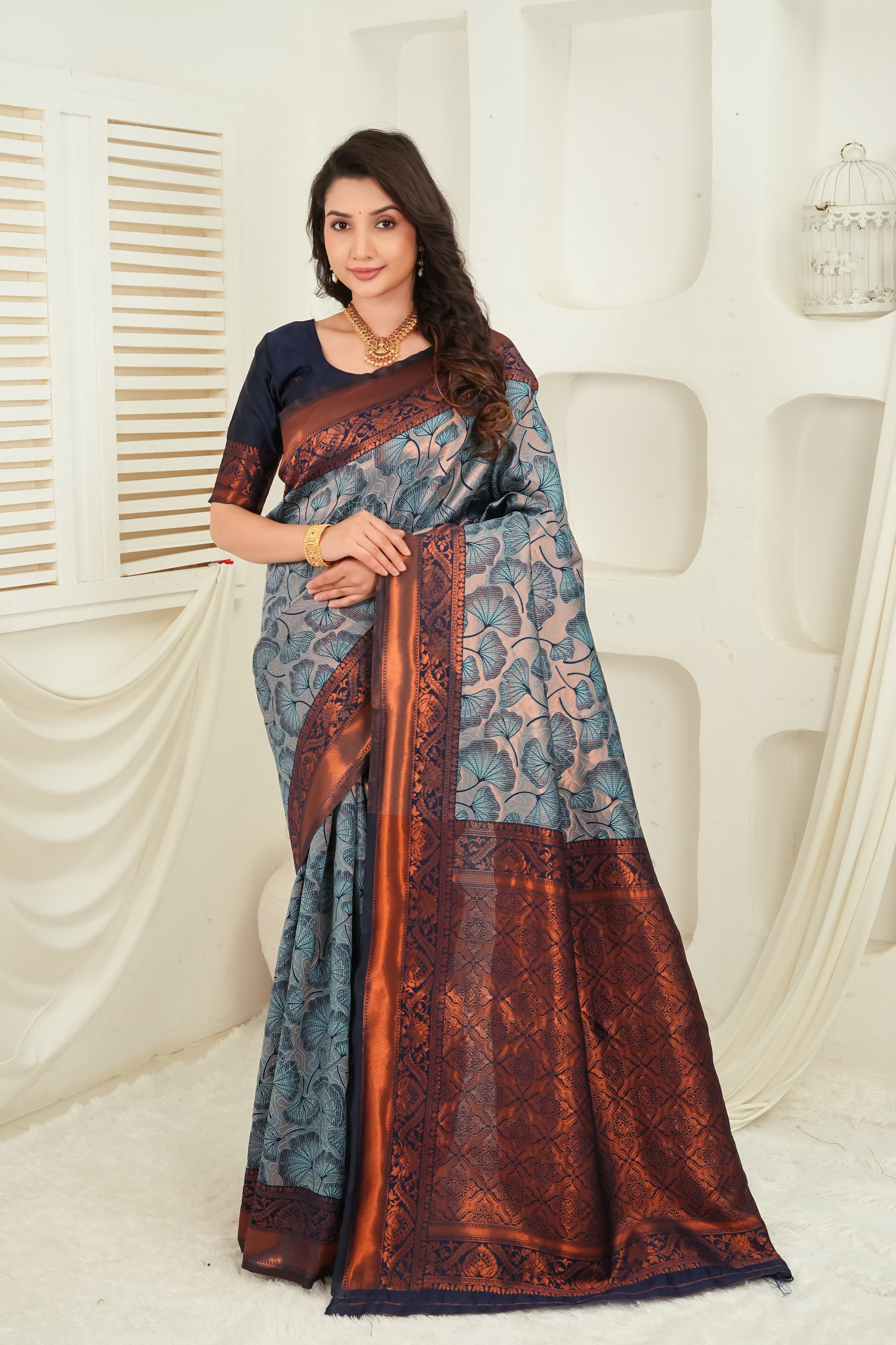 Slate Blue & Navy Jacquard Floral Motifs Silk Saree
