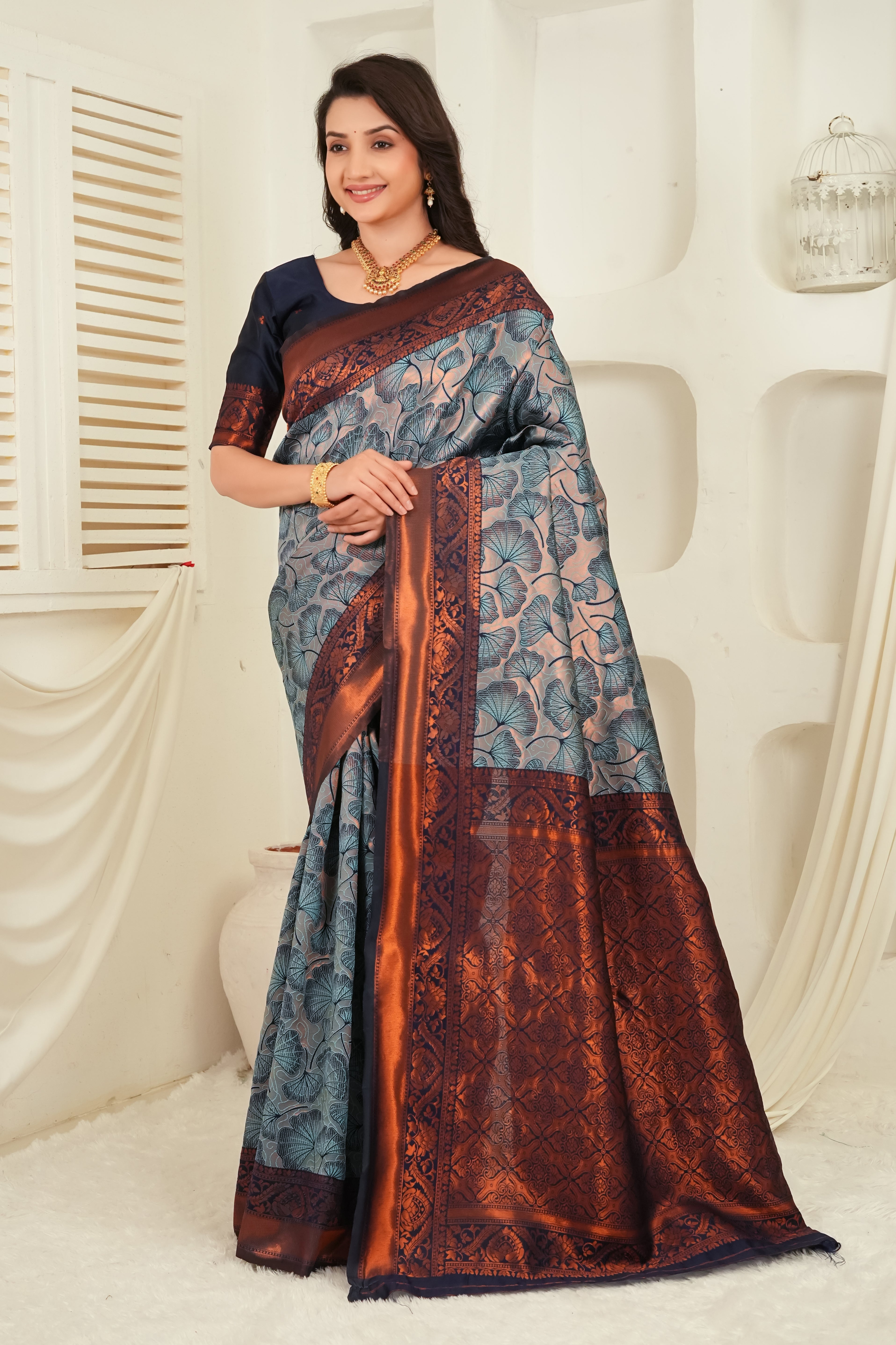 Slate Blue & Navy Jacquard Floral Motifs Silk Saree