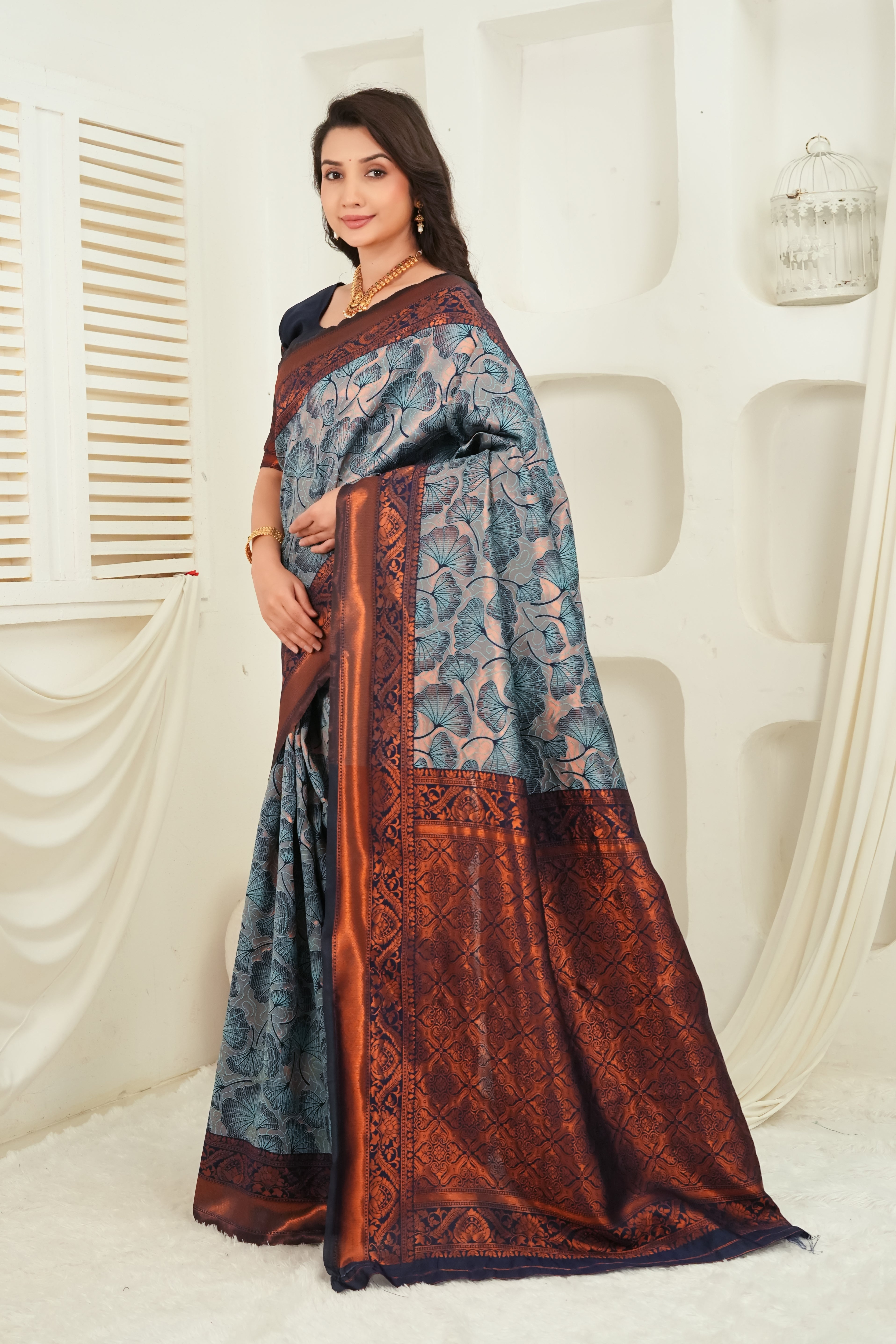 Slate Blue & Navy Jacquard Floral Motifs Silk Saree