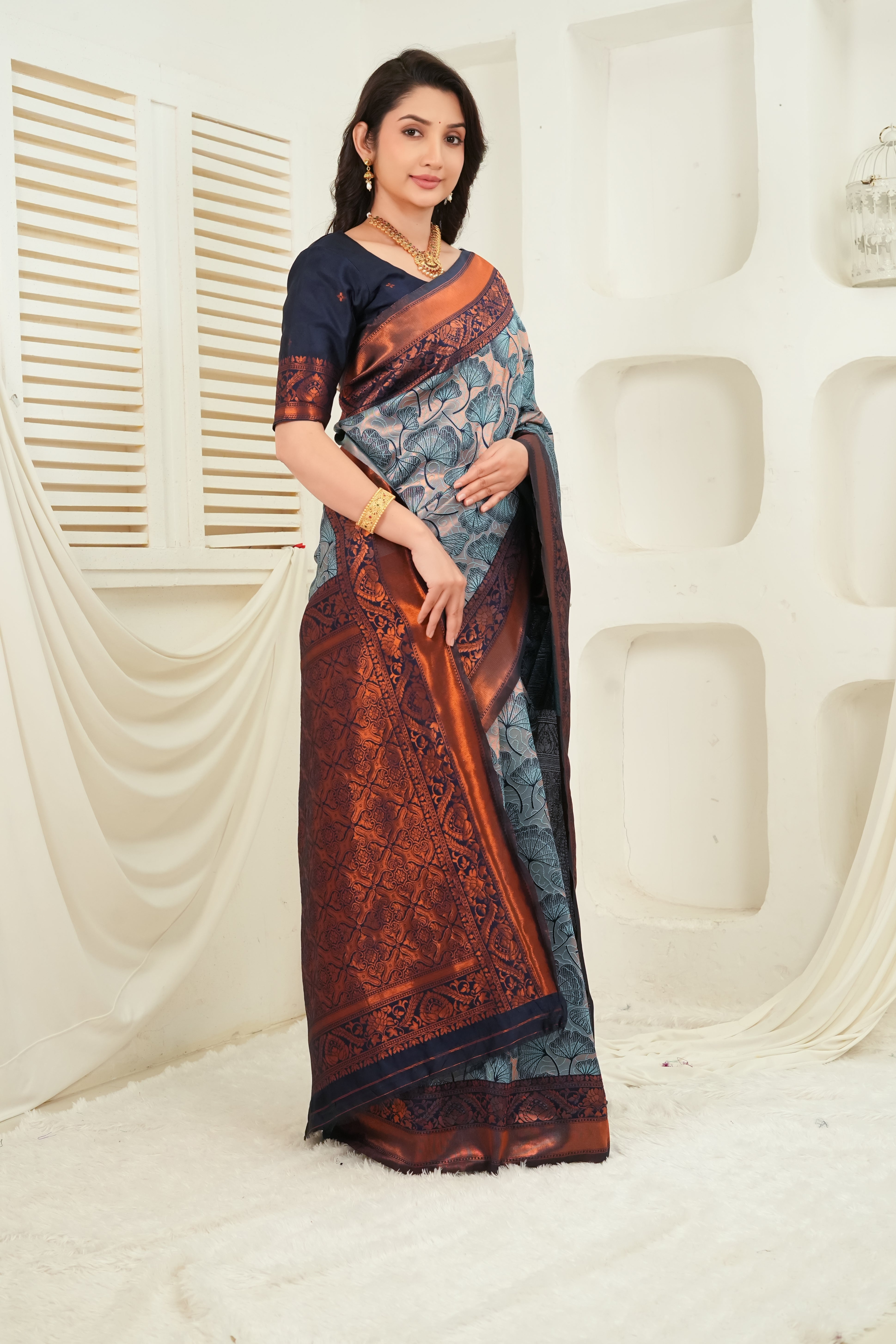 Slate Blue & Navy Jacquard Floral Motifs Silk Saree