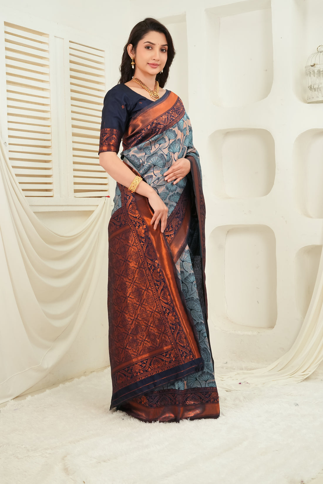 Slate Blue & Navy Jacquard Floral Motifs Silk Saree