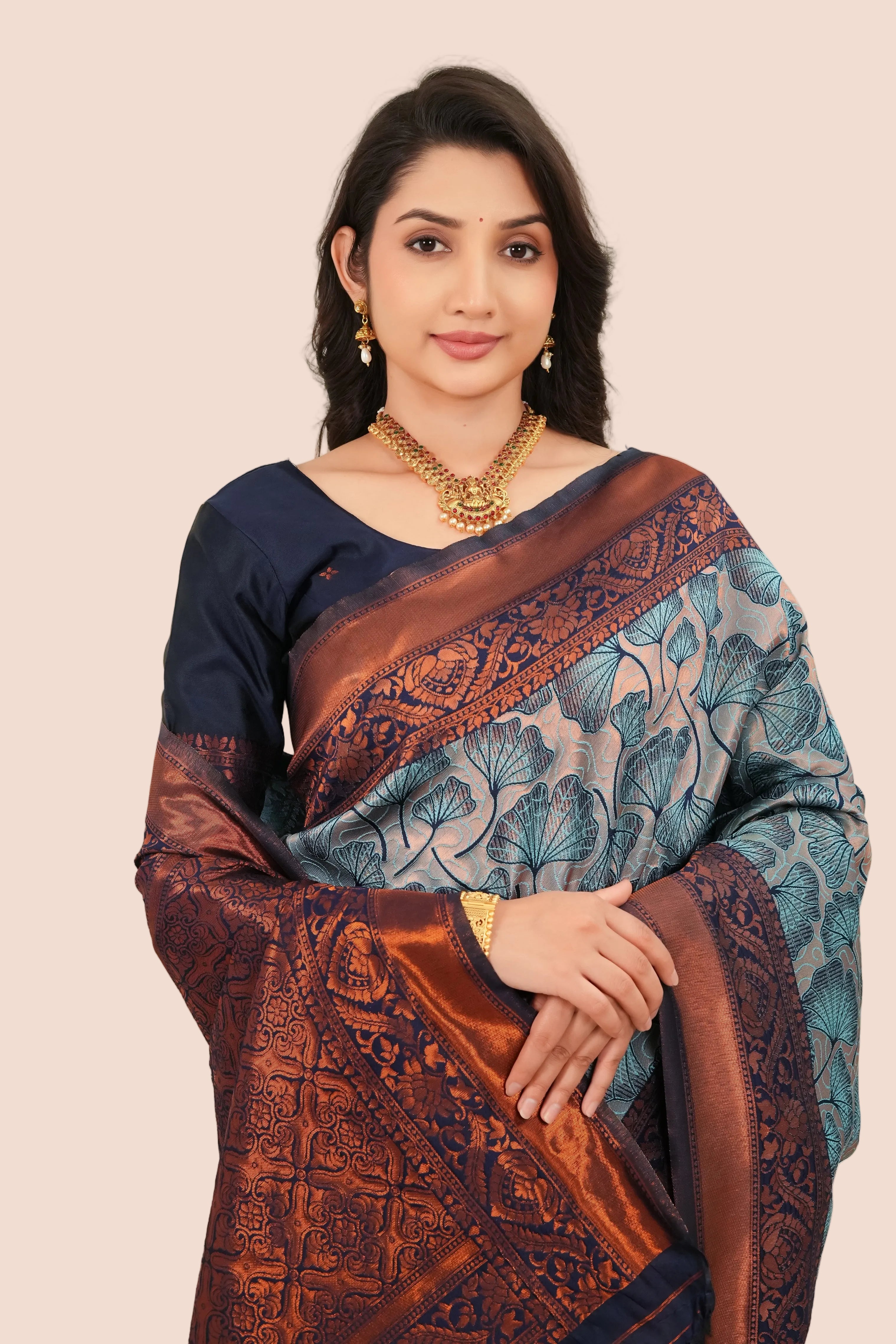 Slate Blue & Navy Jacquard Floral Motifs Silk Saree
