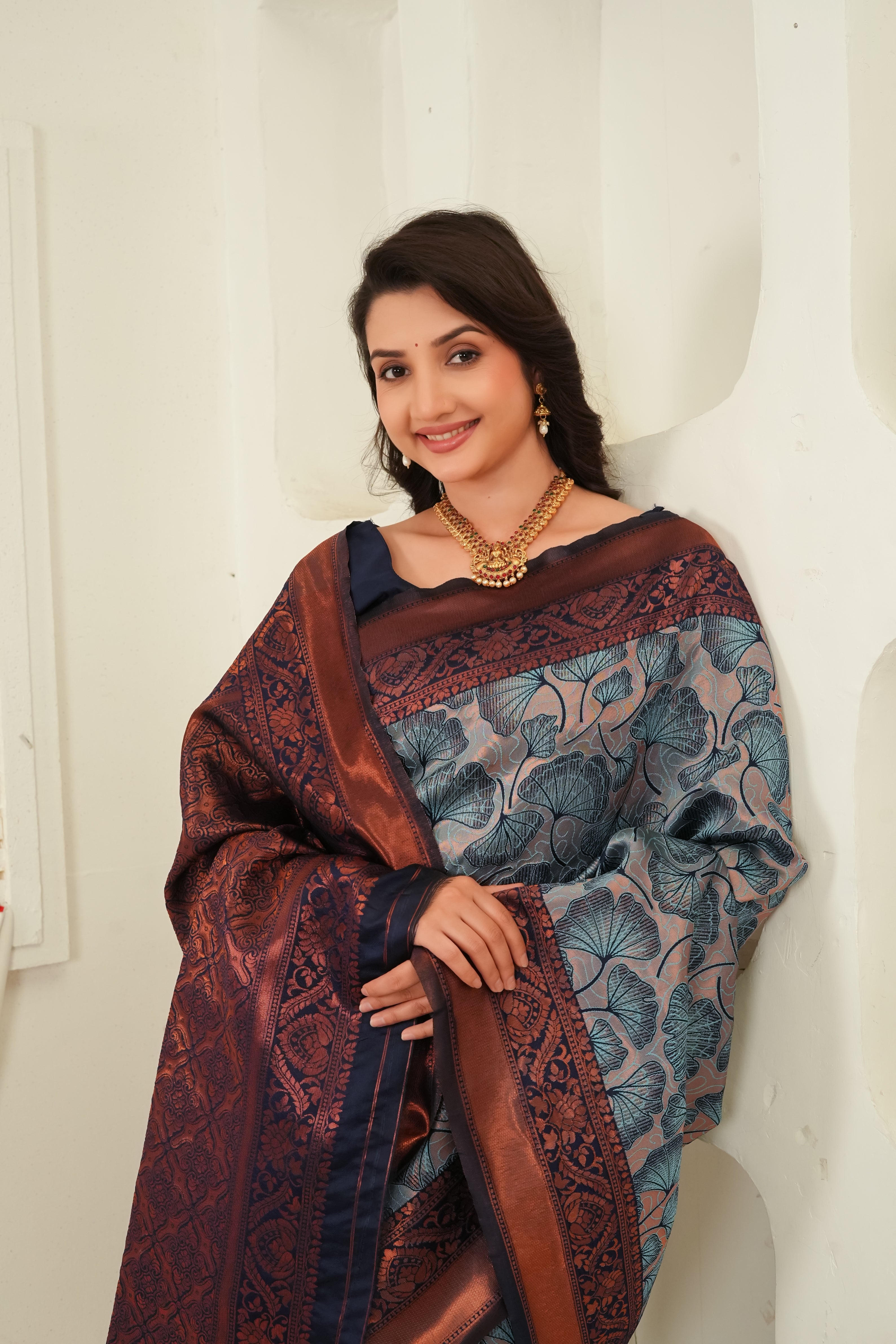 Slate Blue & Navy Jacquard Floral Motifs Silk Saree