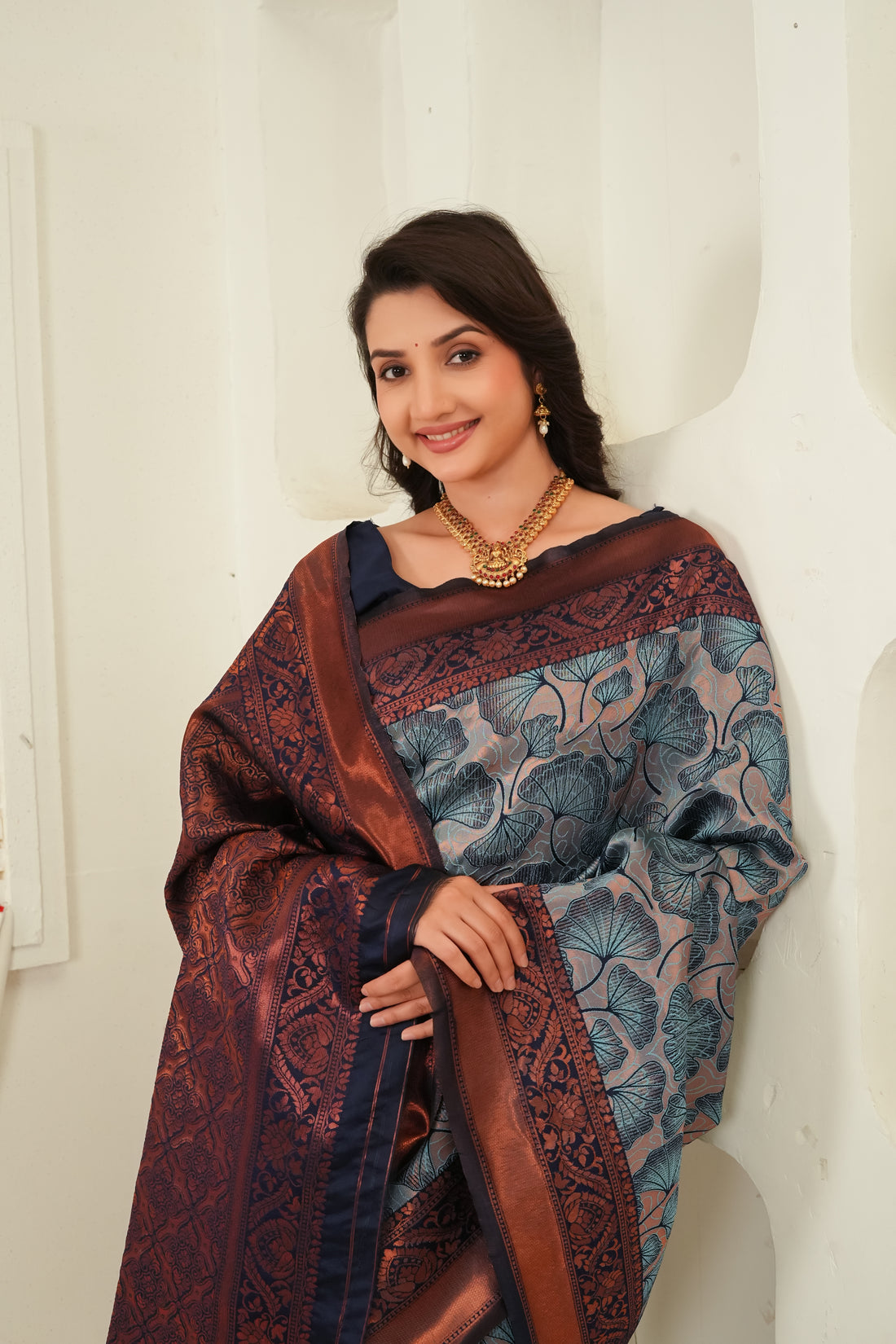 Slate Blue & Navy Jacquard Floral Motifs Silk Saree