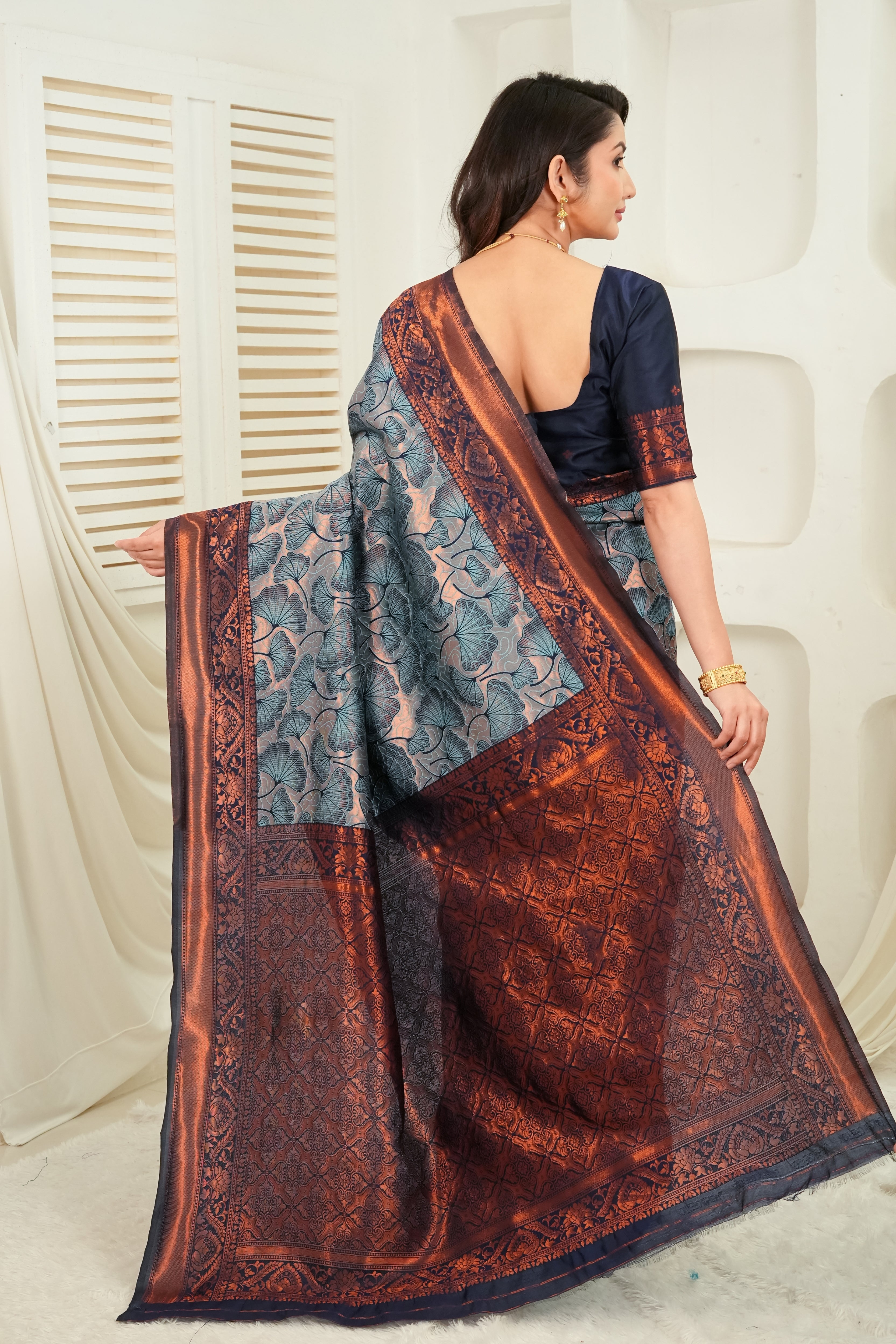 Slate Blue & Navy Jacquard Floral Motifs Silk Saree