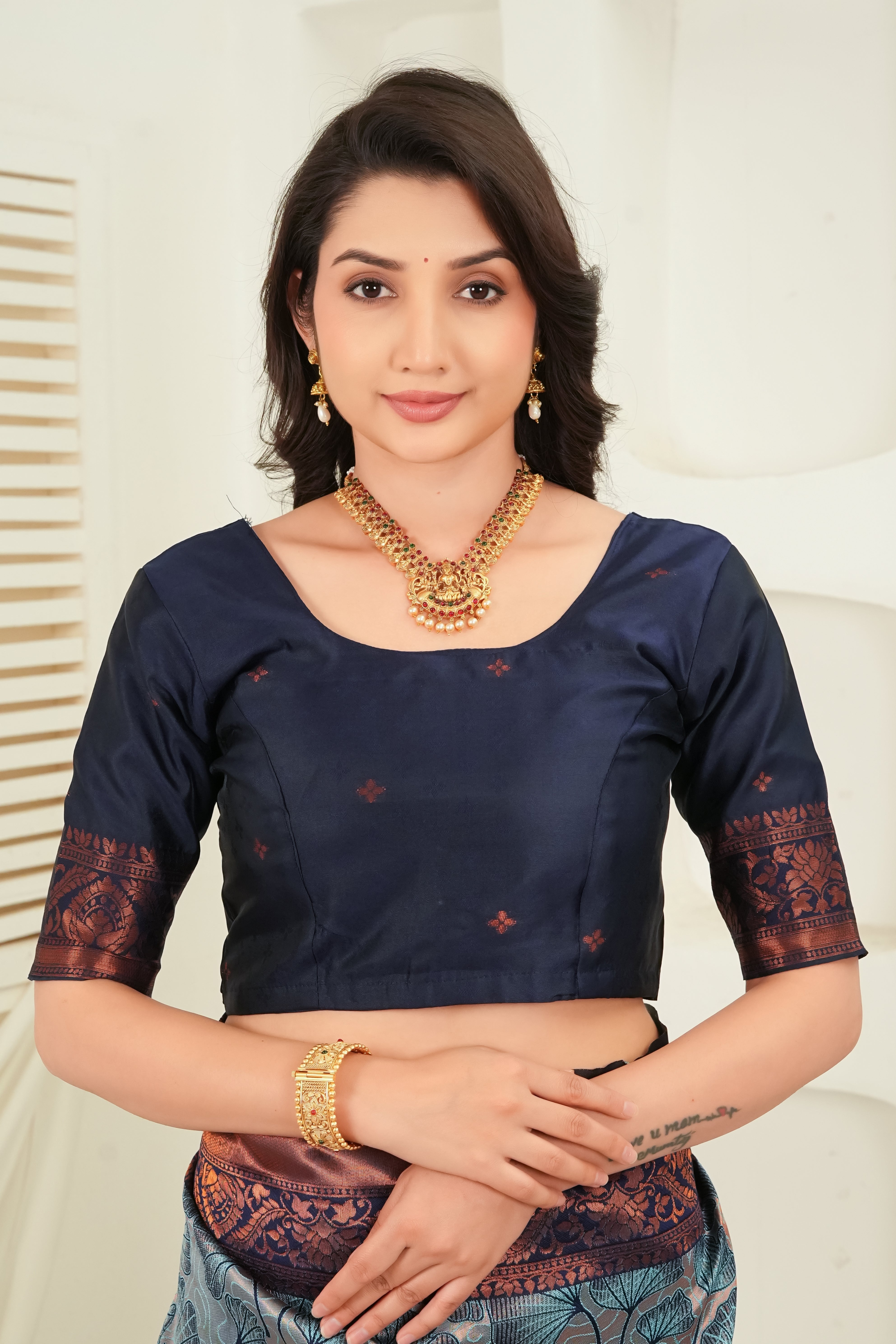 Slate Blue & Navy Jacquard Floral Motifs Silk Saree
