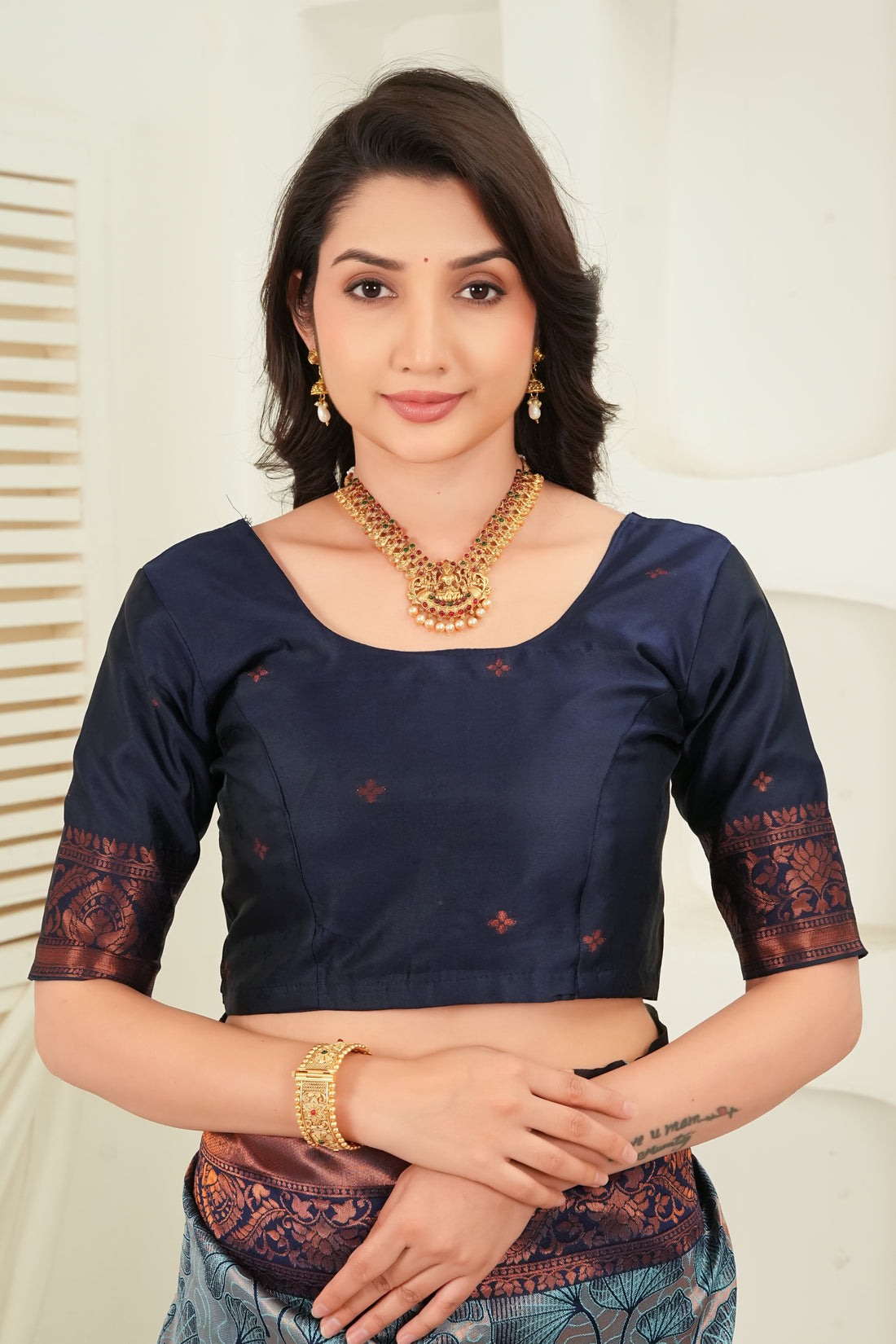 Slate Blue & Navy Jacquard Floral Motifs Silk Saree