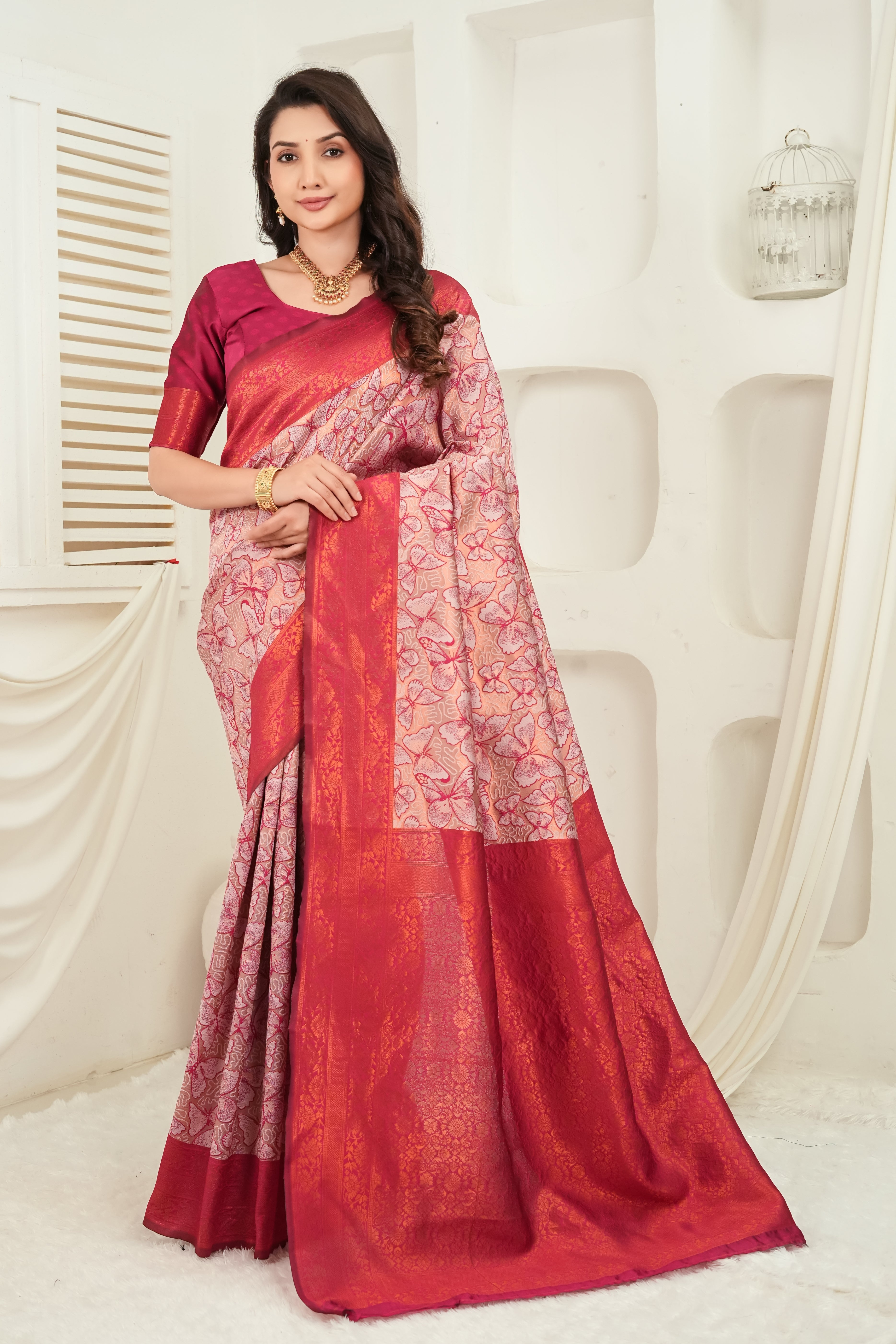 Rose Blush & Crimson Butterfly motif Jacquard Silk Saree