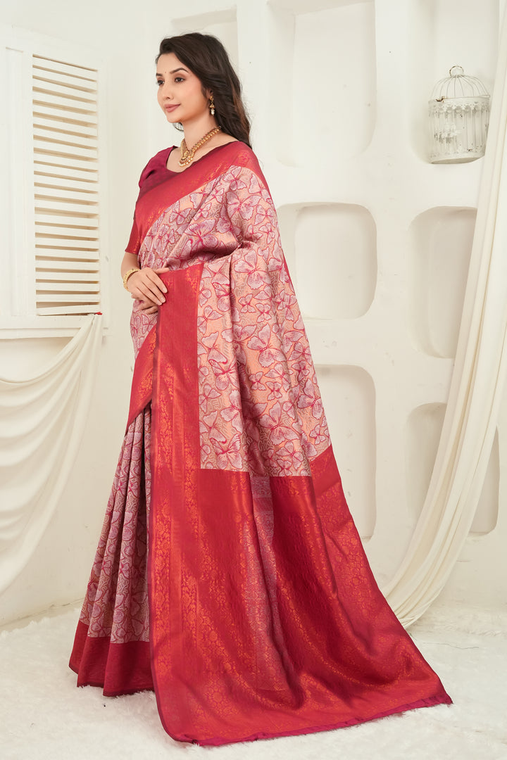 Rose Blush & Crimson Butterfly motif Jacquard Silk Saree