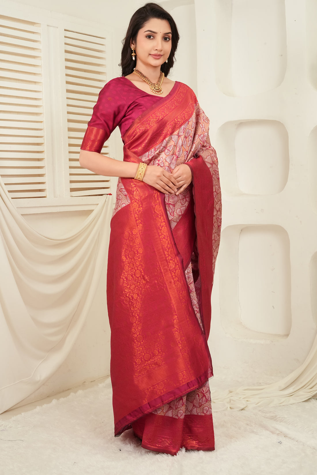 Rose Blush & Crimson Butterfly motif Jacquard Silk Saree