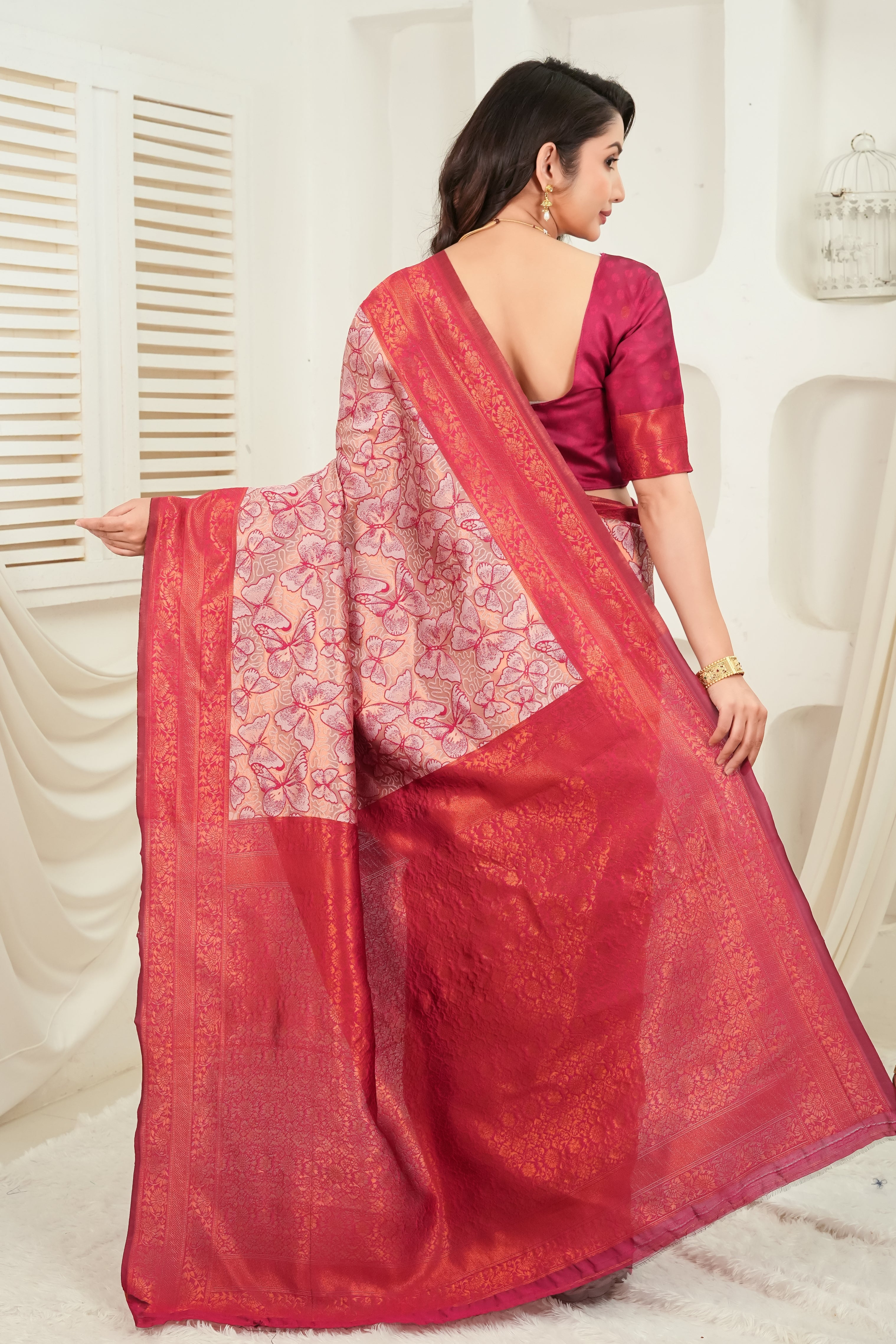 Rose Blush & Crimson Butterfly motif Jacquard Silk Saree