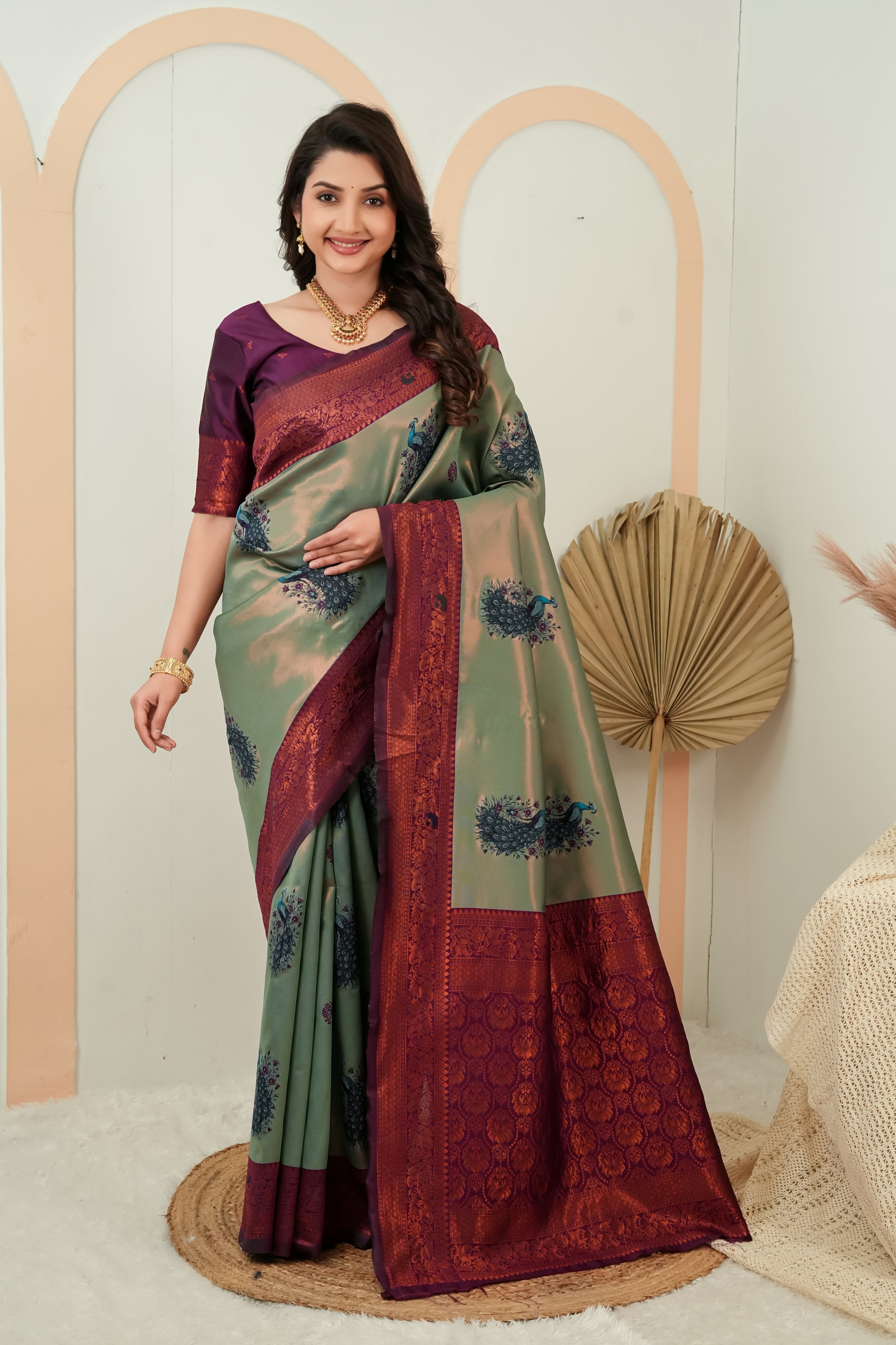 Sage Green & Wine Plum Peacock Motif Jacquard Silk Saree